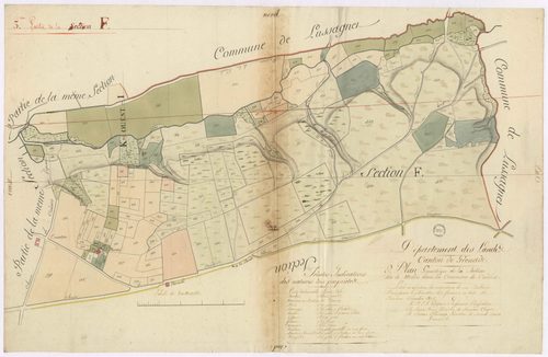 Cazères-sur-l'Adour - Plan géométrique de la section F, dite de Molès, 3e partie, par Lobgeois, Brun et Villeneuve, géomètres