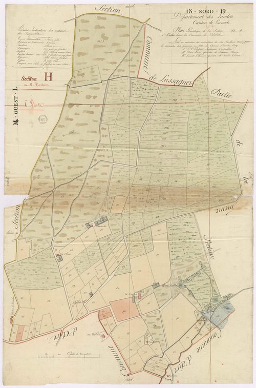 Cazères-sur-l'Adour - Plan géométrique de la section H, dite de Vailler, 1re partie, par Lobgeois, Brun et Villeneuve, géomètres
