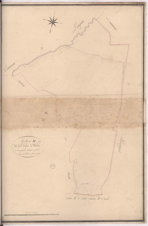 Cazères-sur-l'Adour - Section H, dite de l'Eglise de Molès, 1re feuille, par Brun géomètre