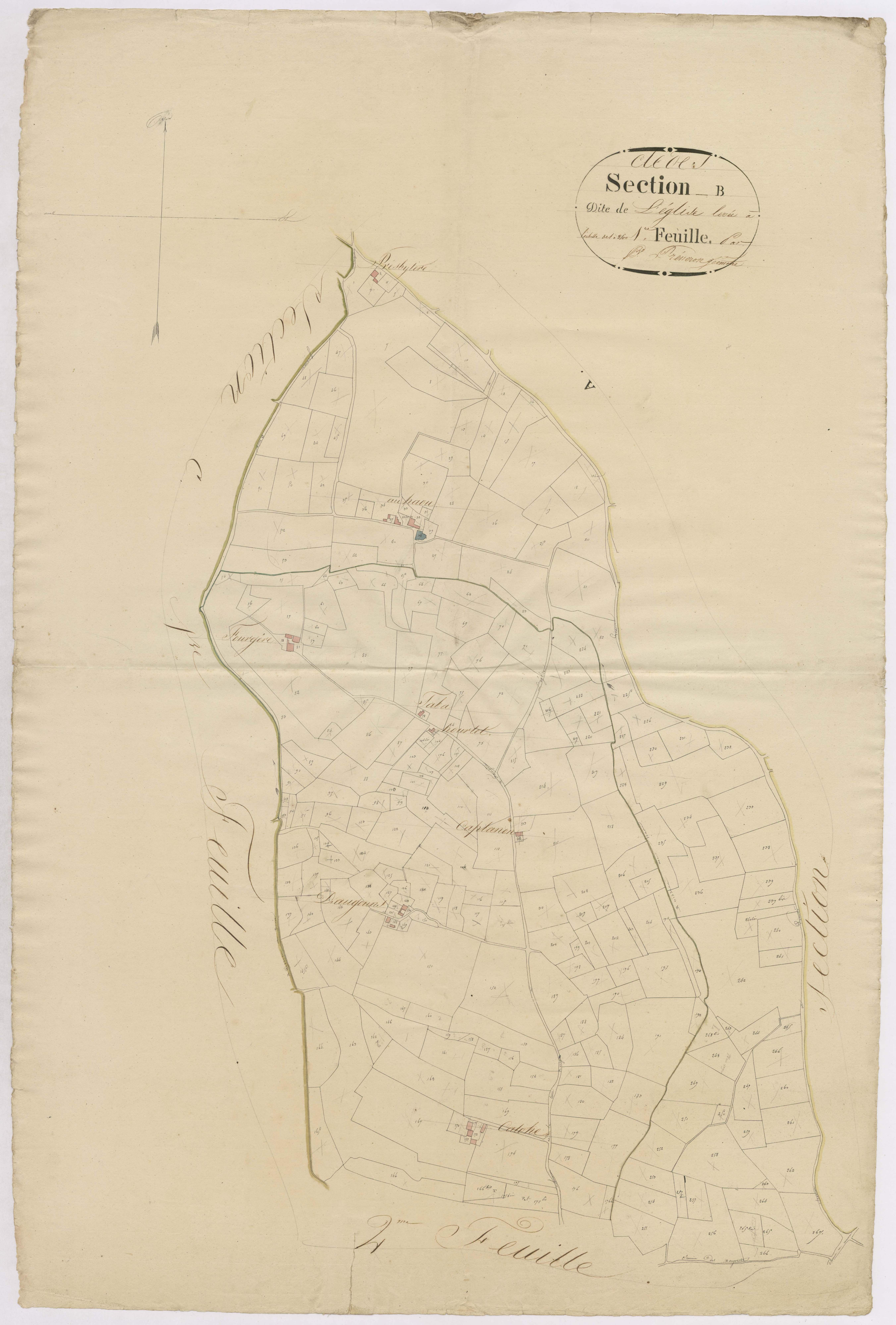 Clèdes - Section B, dite de l'Eglise, 1re feuille, par B. Prèneron géomètre
