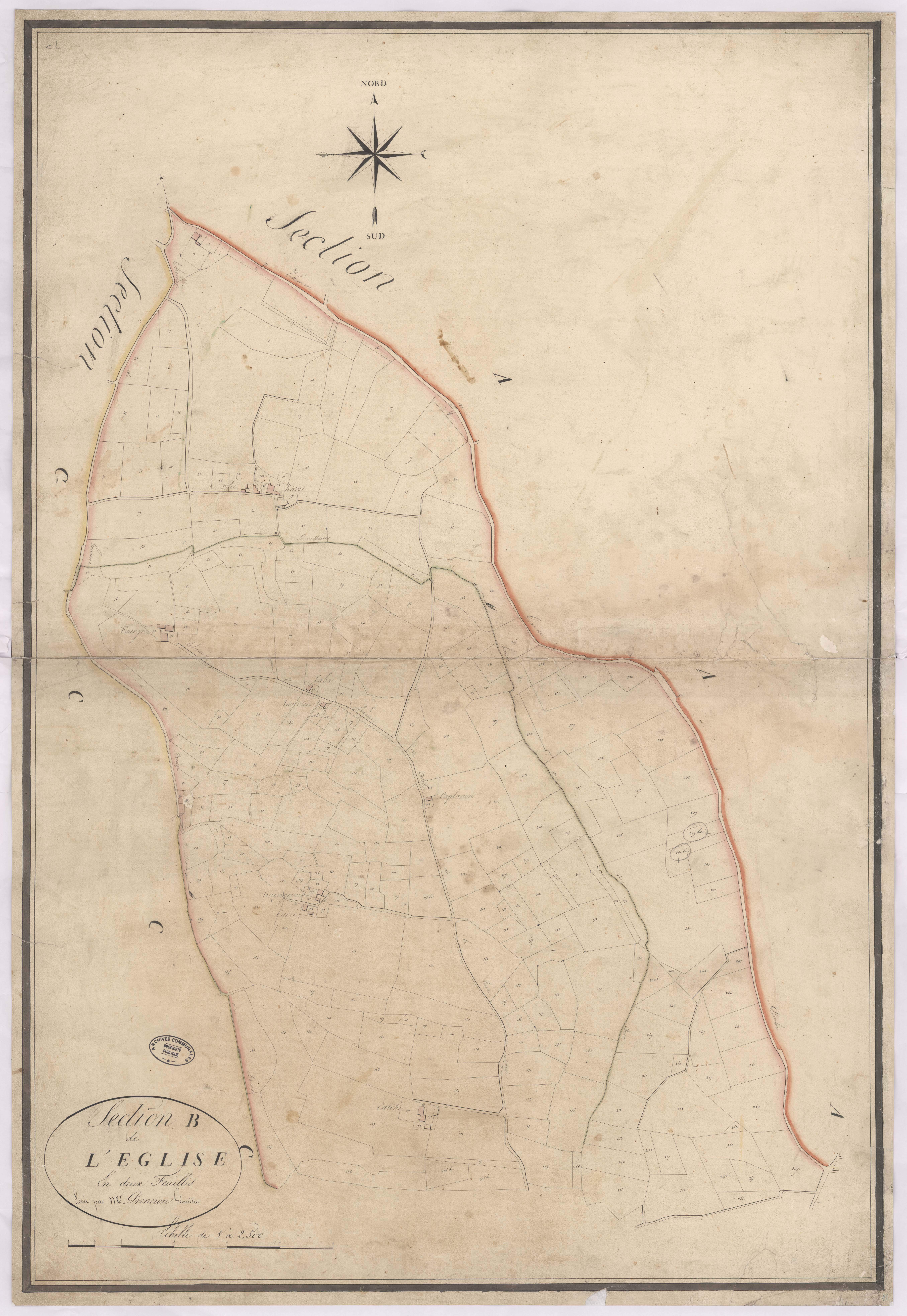 Clèdes - Section B, de l'Eglise, 1re feuille, par Prèneron géomètre