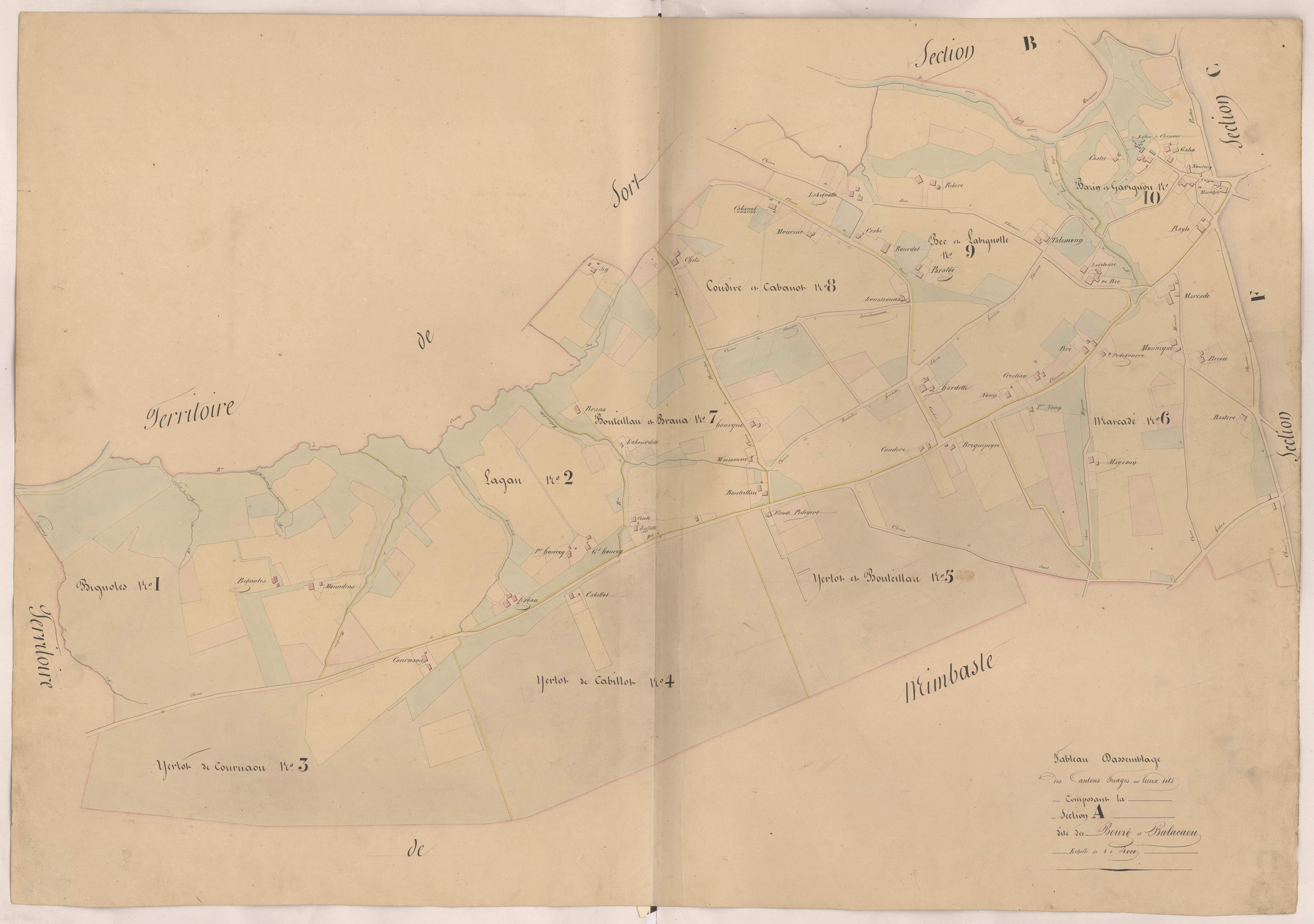 Clermont - Tableau d'assemblage des cantons triages ou lieux-dits composant la section A, Bourg et Balacaou