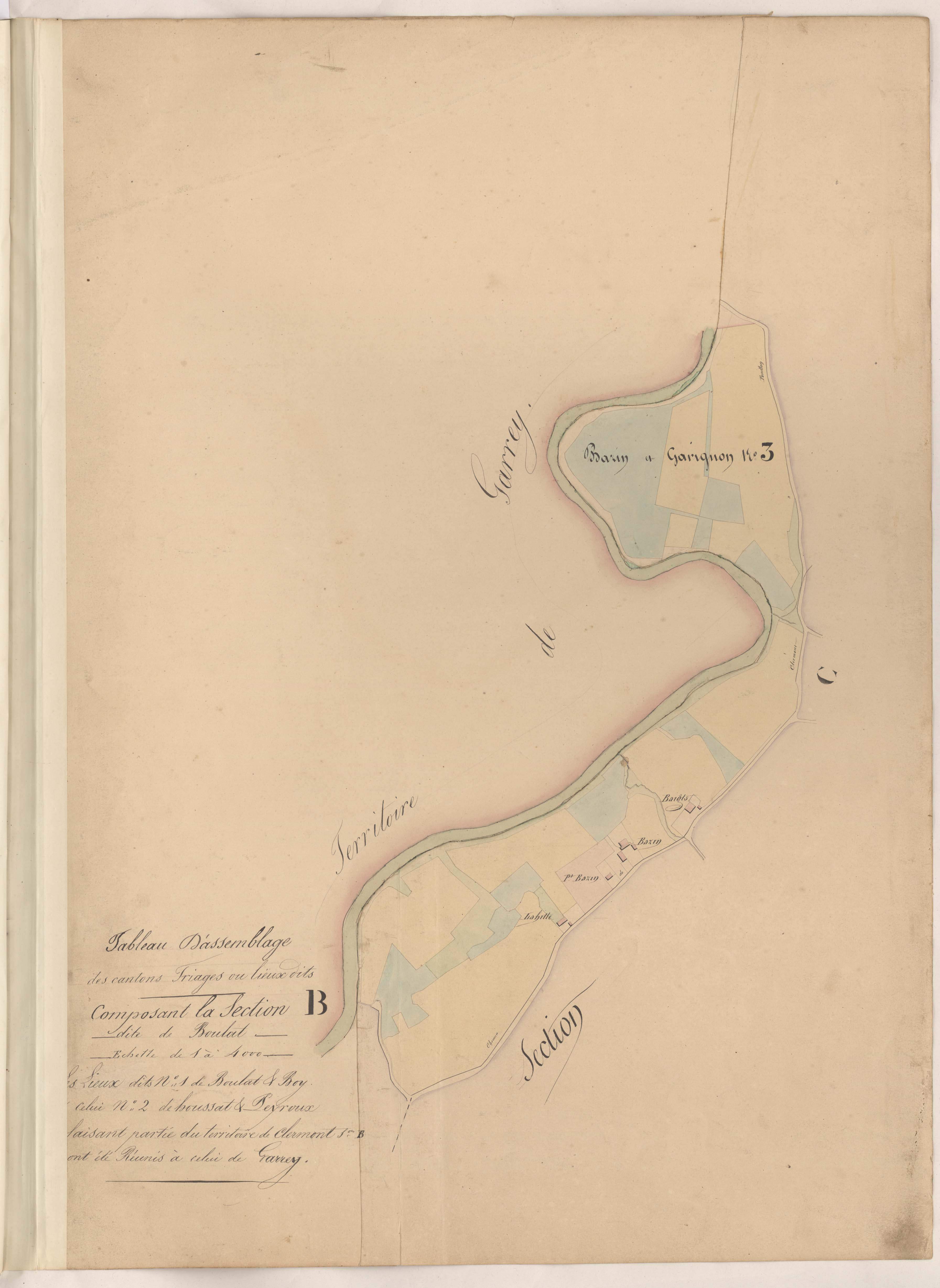 Clermont - Tableau d'assemblage des cantons triages ou lieux-dits composant la section B dite de Boulat [les lieux-dits n° 1 de Boulat et Rey et n° 2 de Houssat et Peyroux ont été réunis au territoire de Garrey]