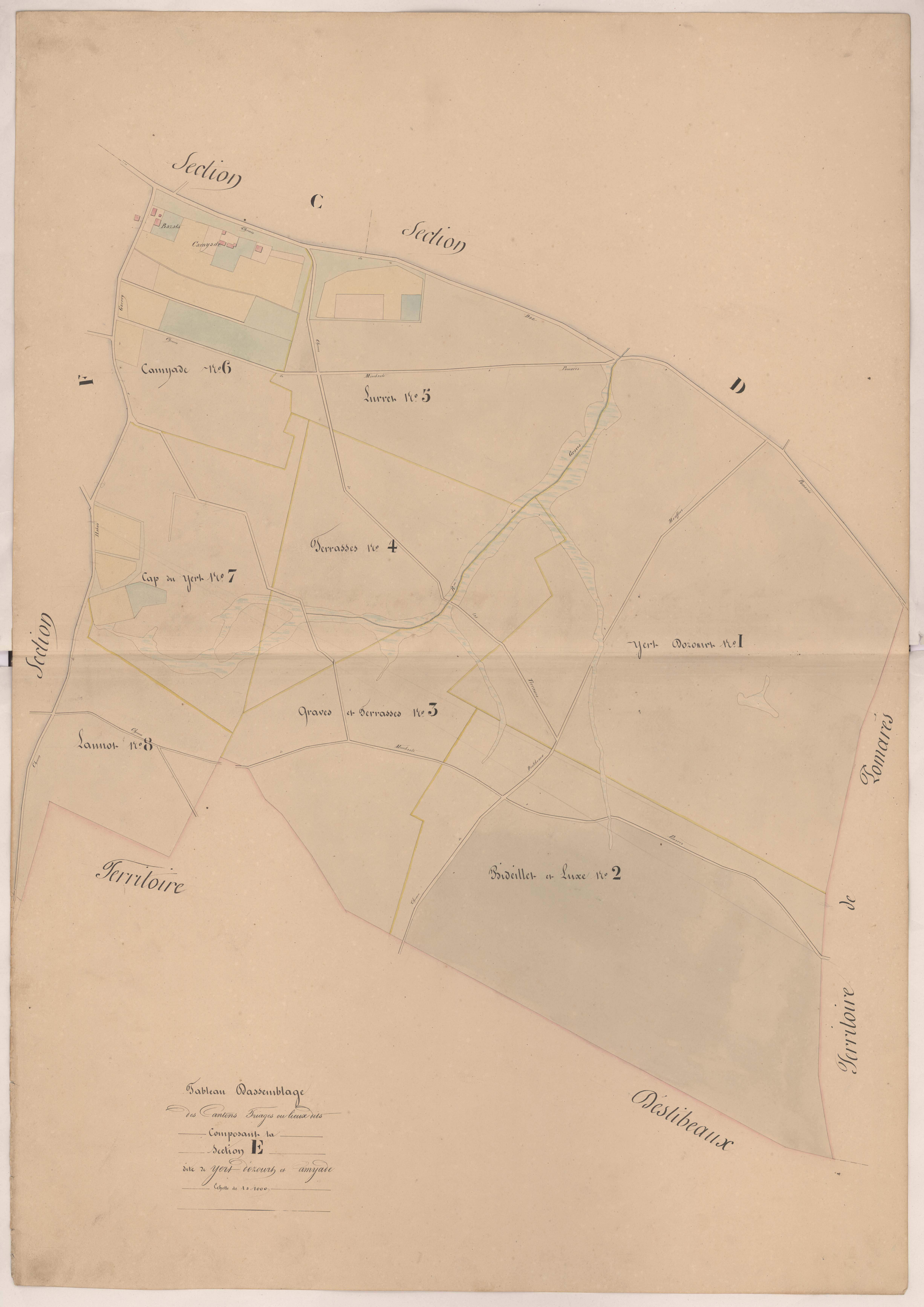 Clermont - Tableau d'assemblage des cantons triages ou lieux-dits composant la section E d'Yert d'Ozourt et Camyade