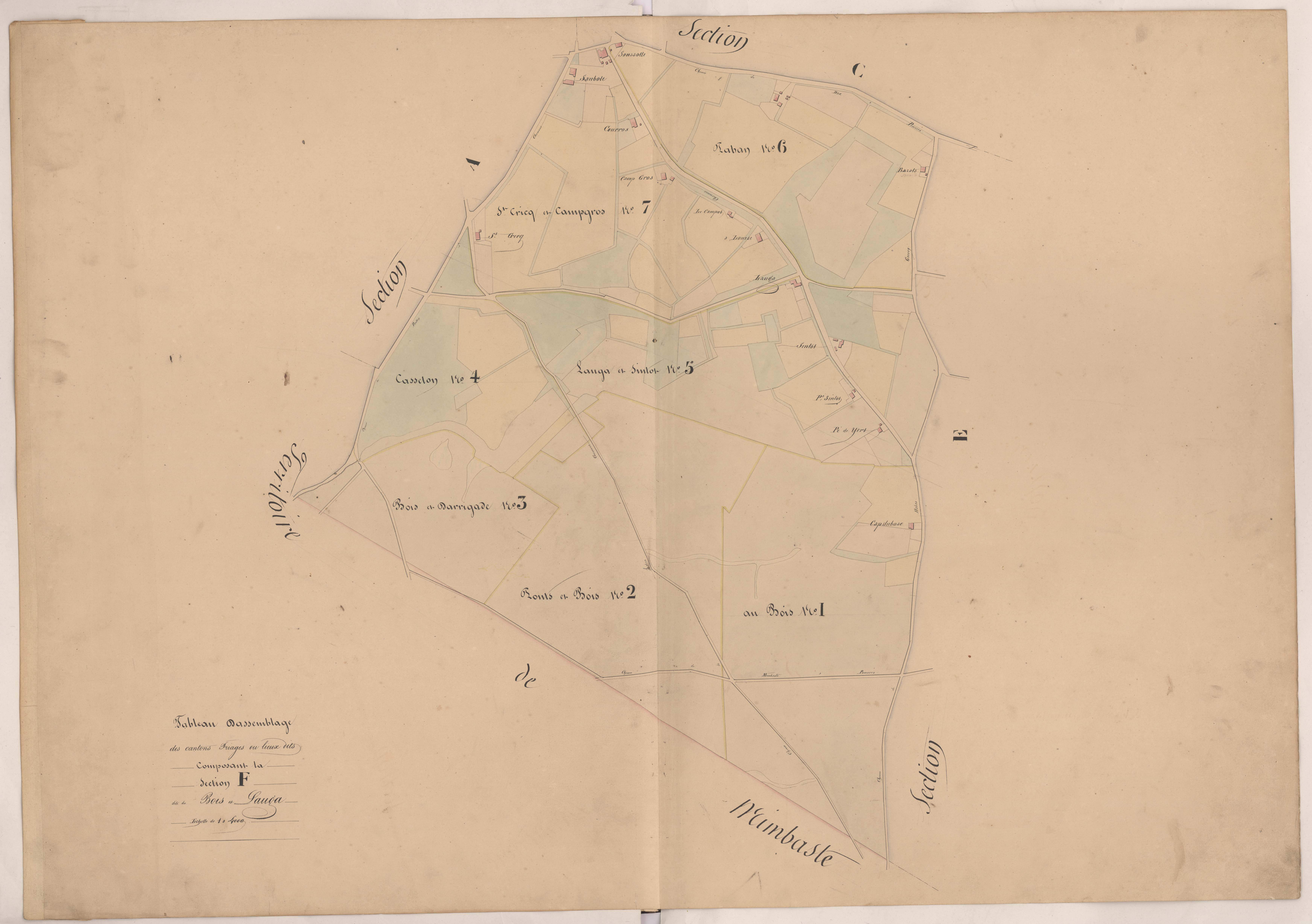 Clermont - Tableau d'assemblage des cantons triages ou lieux-dits composant la section F, dite du Bois de Lauga