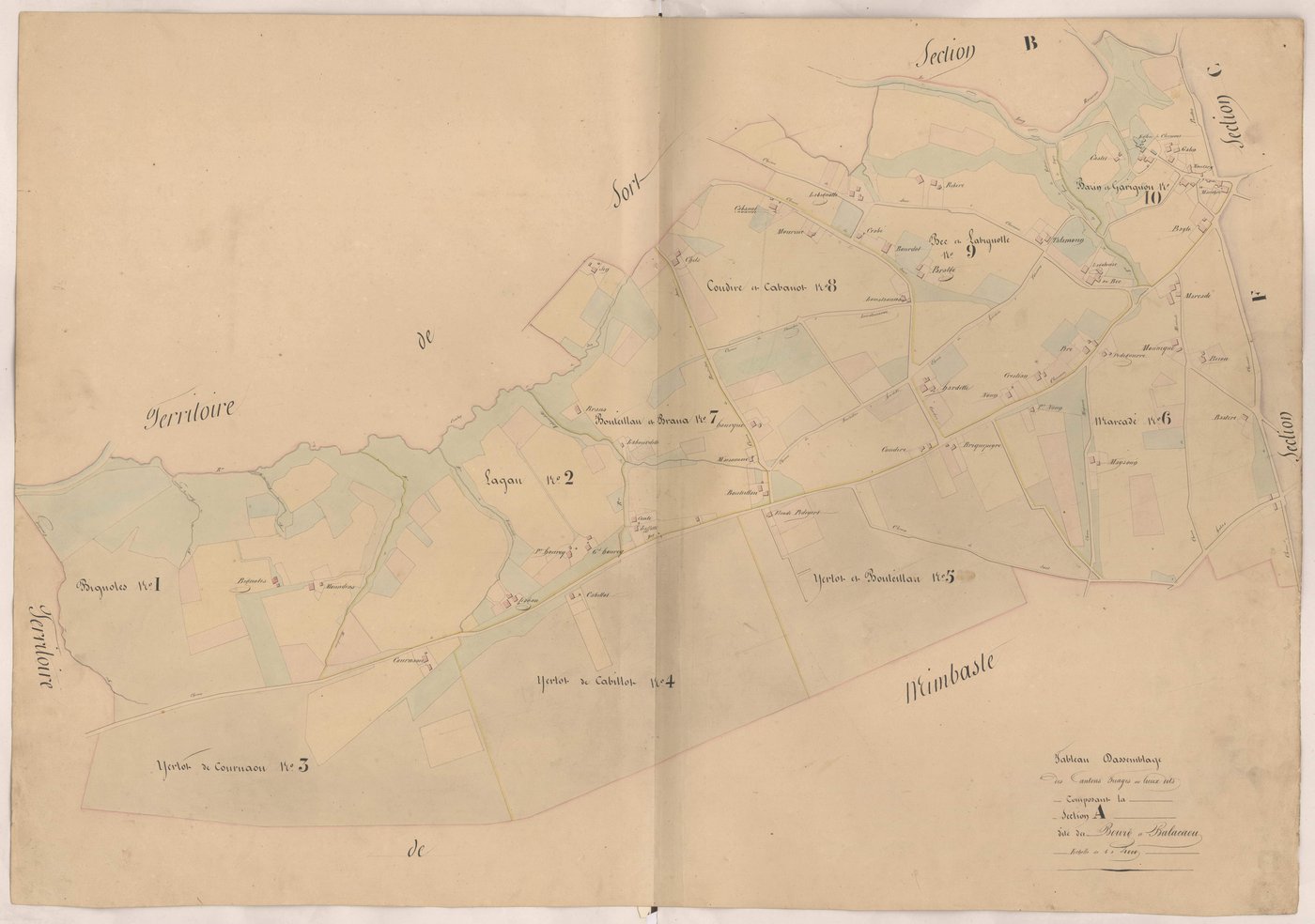 Clermont - Tableau d'assemblage des cantons triages ou lieux-dits composant la section A, Bourg et Balacaou