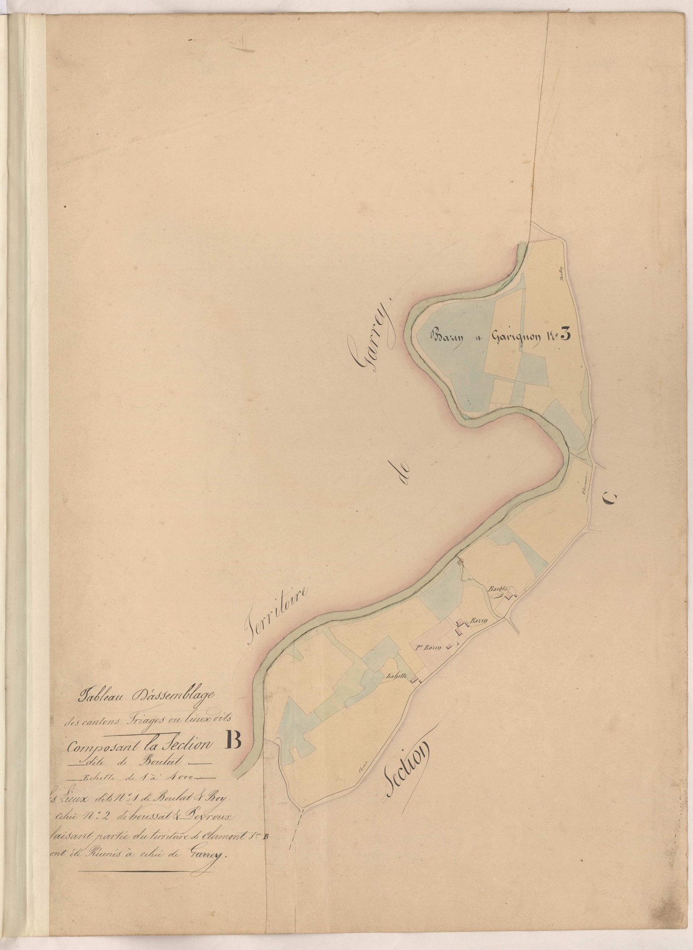 Clermont - Tableau d'assemblage des cantons triages ou lieux-dits composant la section B dite de Boulat [les lieux-dits n° 1 de Boulat et Rey et n° 2 de Houssat et Peyroux ont été réunis au territoire de Garrey]
