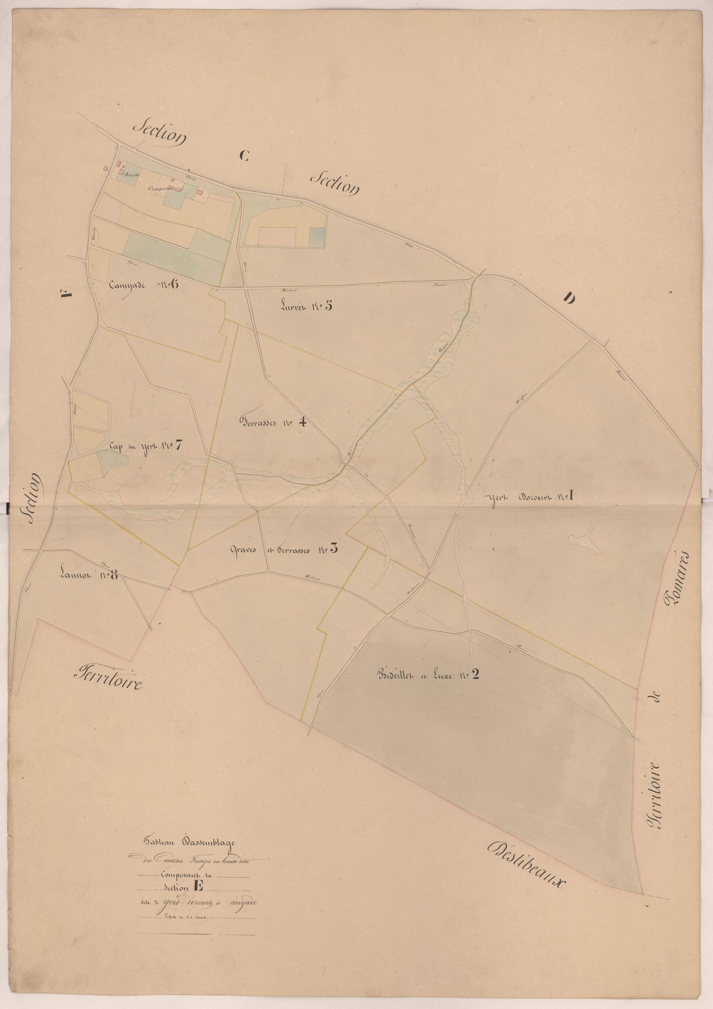 Clermont - Tableau d'assemblage des cantons triages ou lieux-dits composant la section E d'Yert d'Ozourt et Camyade