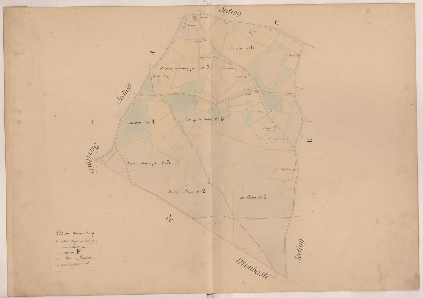 Clermont - Tableau d'assemblage des cantons triages ou lieux-dits composant la section F, dite du Bois de Lauga