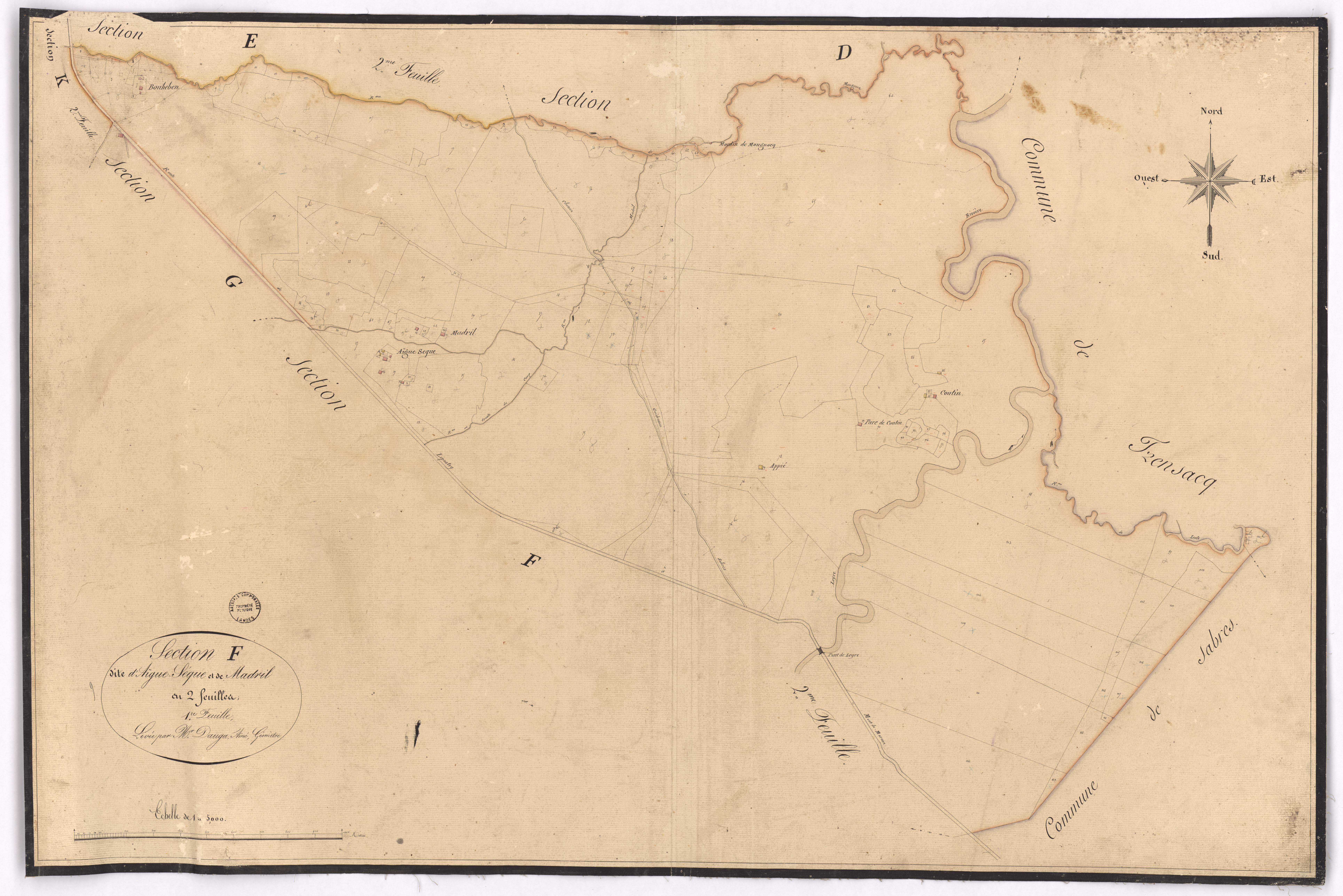 Commensacq - Section F, dite d'Aïgue séque et de Madril, 1re feuille, par Dauga aîné géomètre