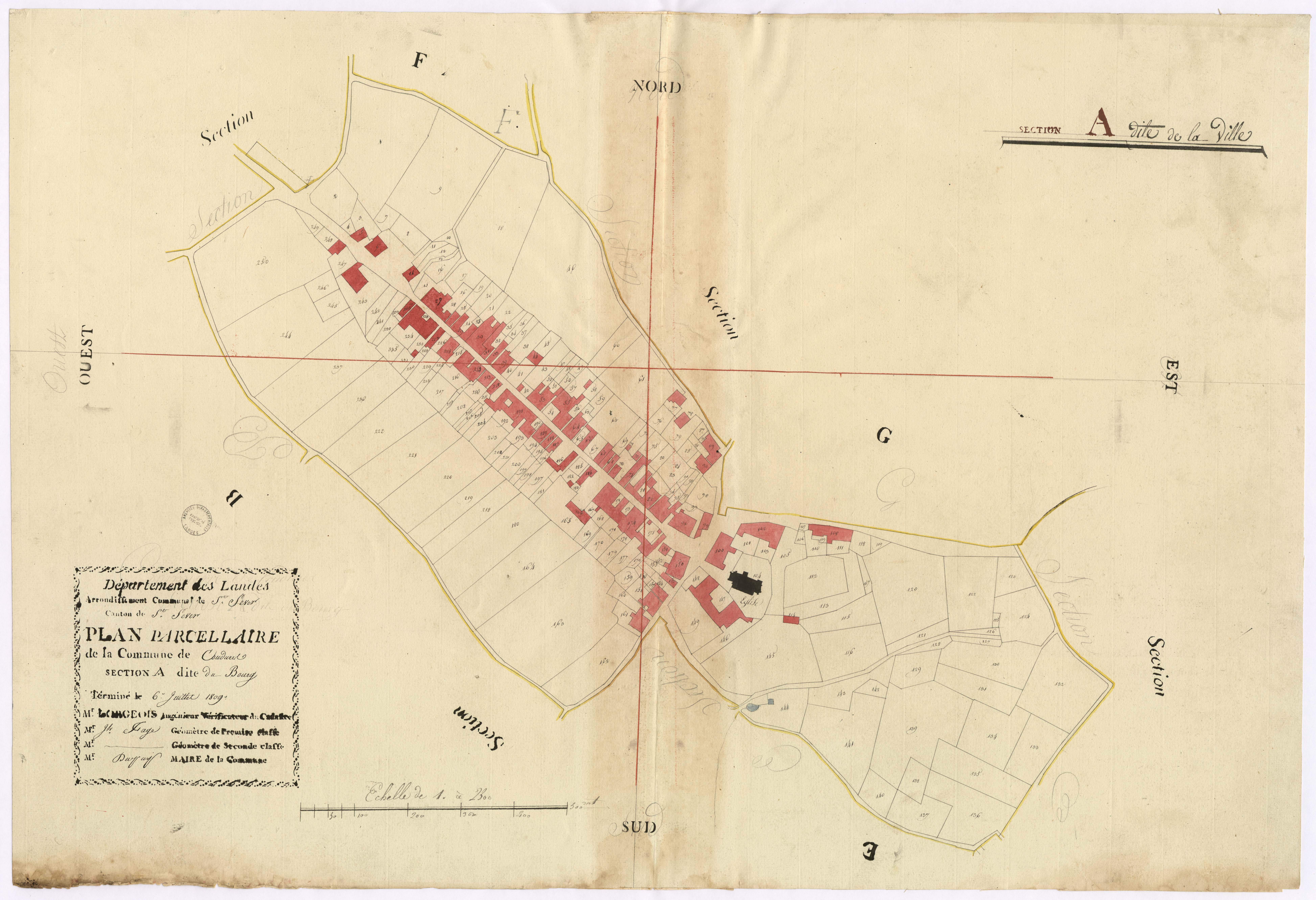 Coudures - Plan parcelllaire de la section A, dite du Bourg, par Lobgeois et Fagé, géomètres