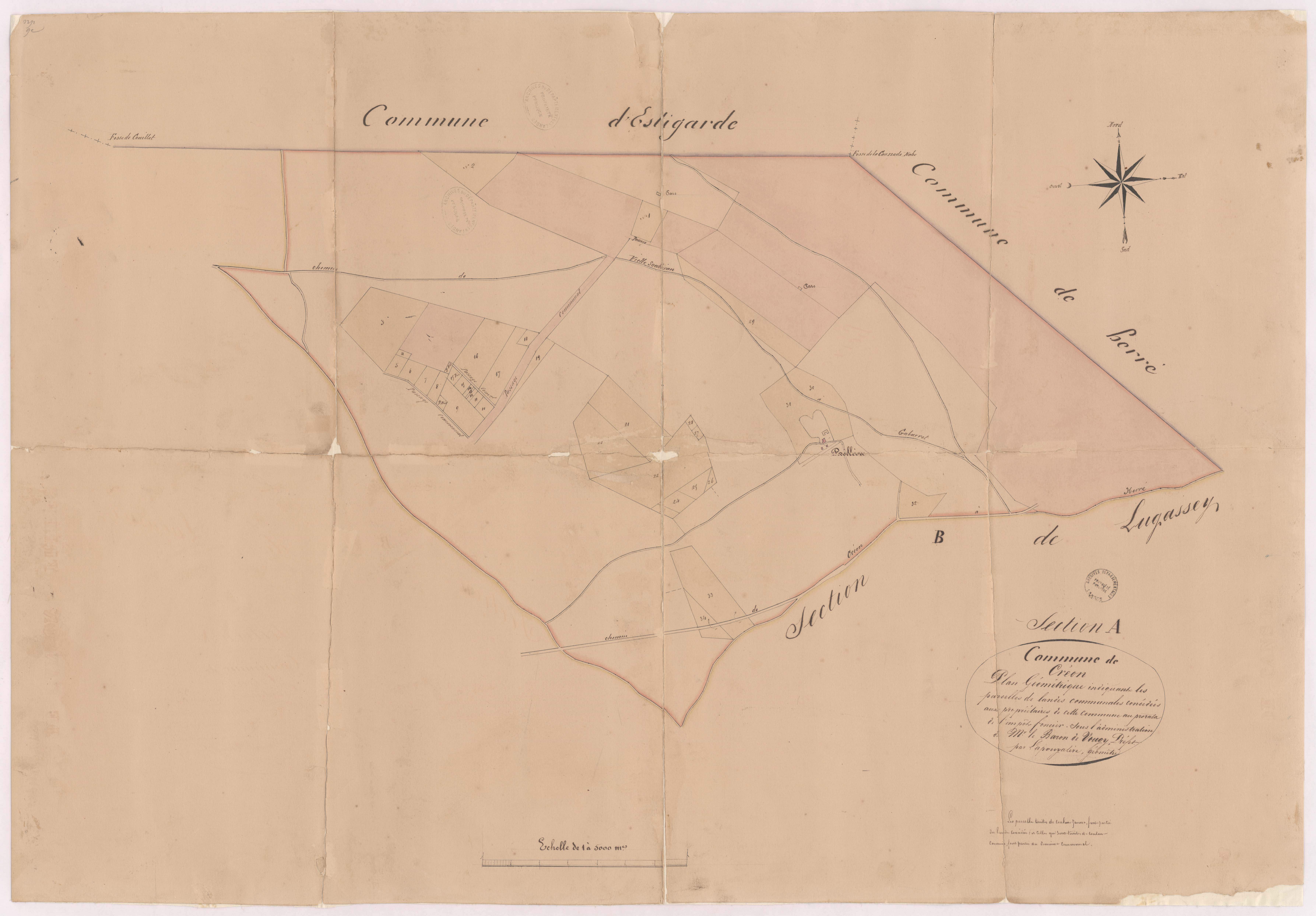 Créon-d'Armagnac - Plan géométrique de la section A, indiquant les parcelles de landes communales..., par Lapouyalère géomètre