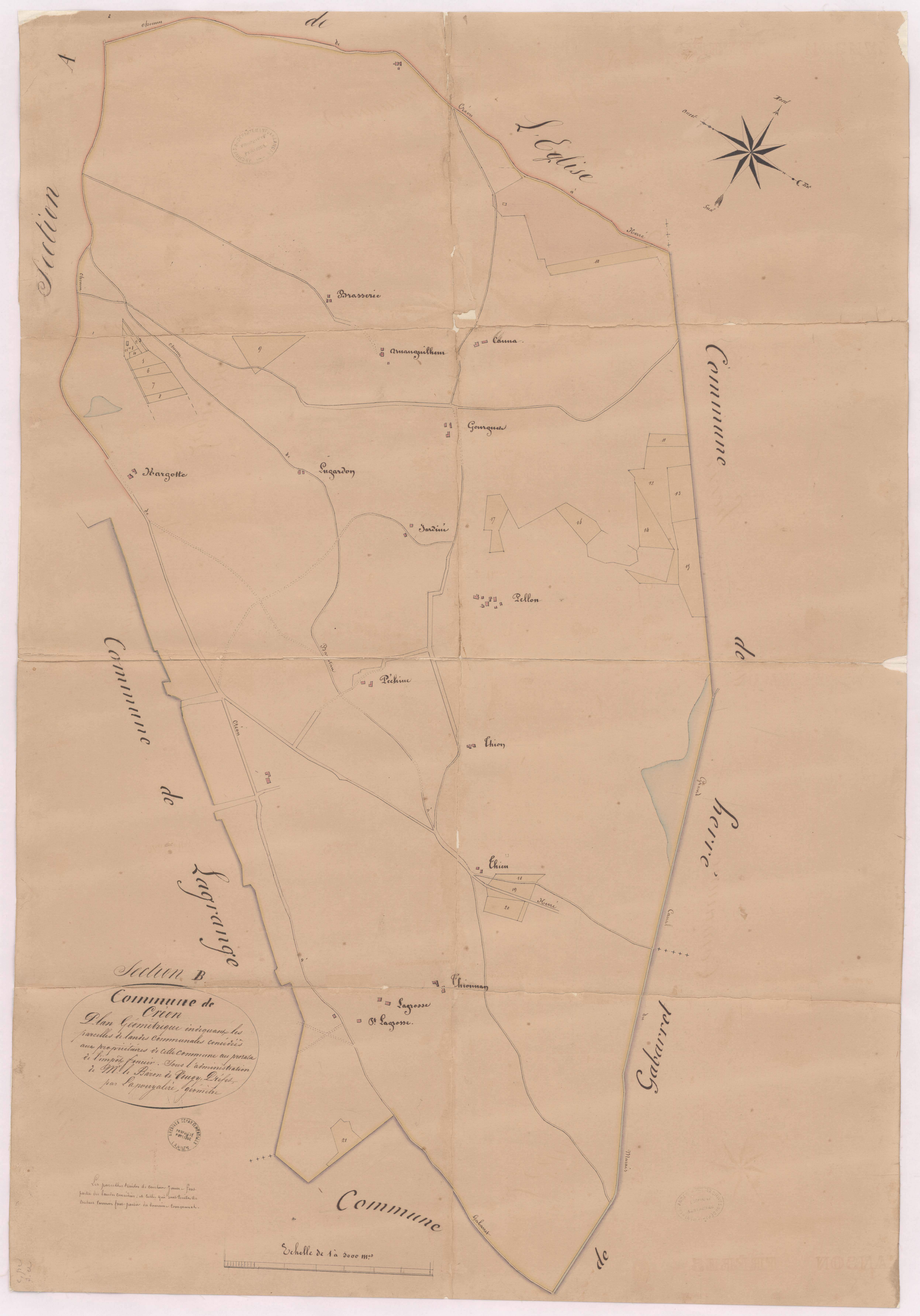 Créon-d'Armagnac - Plan géométrique de la section B, indiquant les parcelles de landes communales ..., par Lapouyalère géomètre