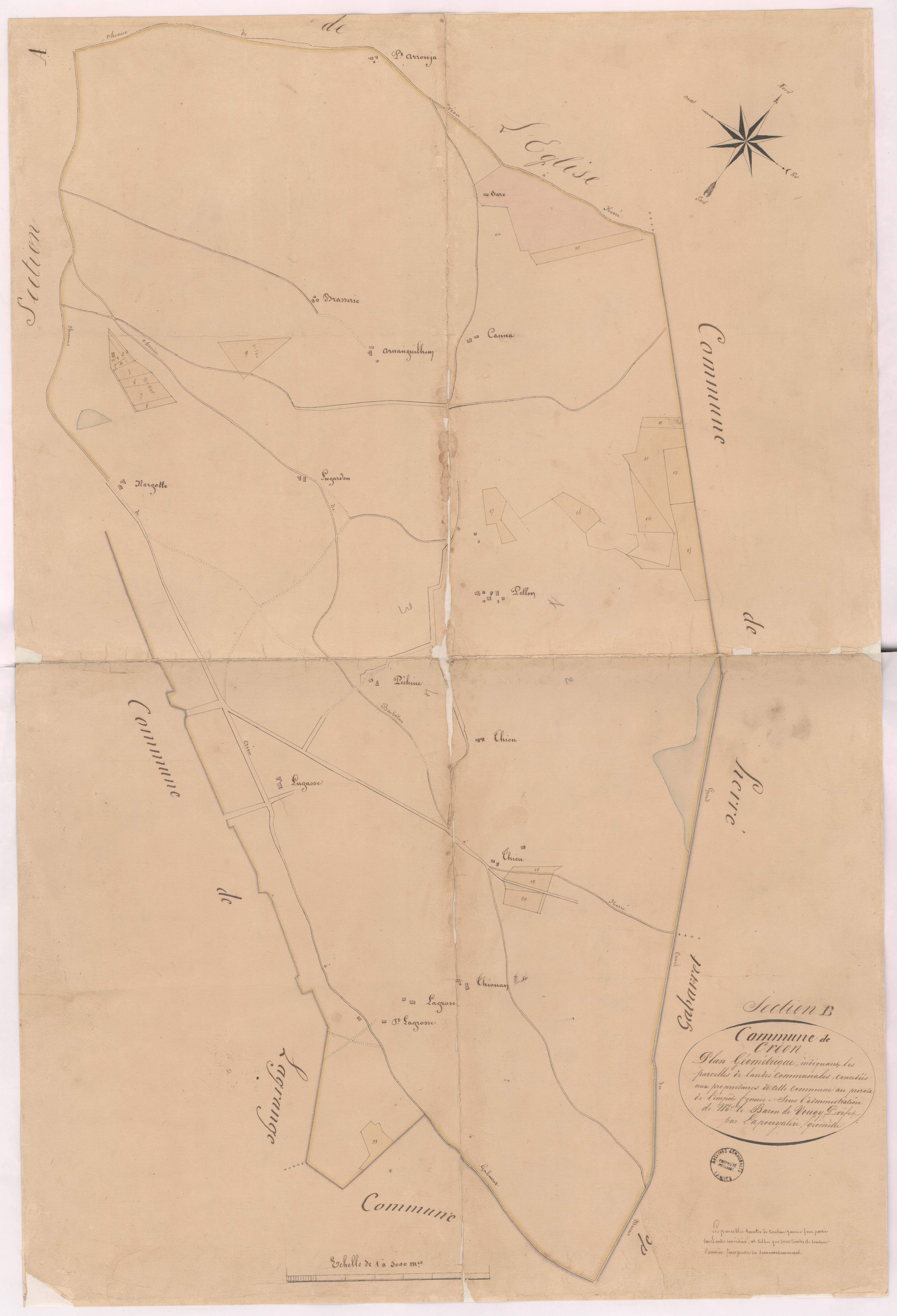 Créon-d'Armagnac - Plan géométrique de la section B, indiquant les parcelles de landes au prorata de l'impôt foncier, par Lapouyalère géomètre