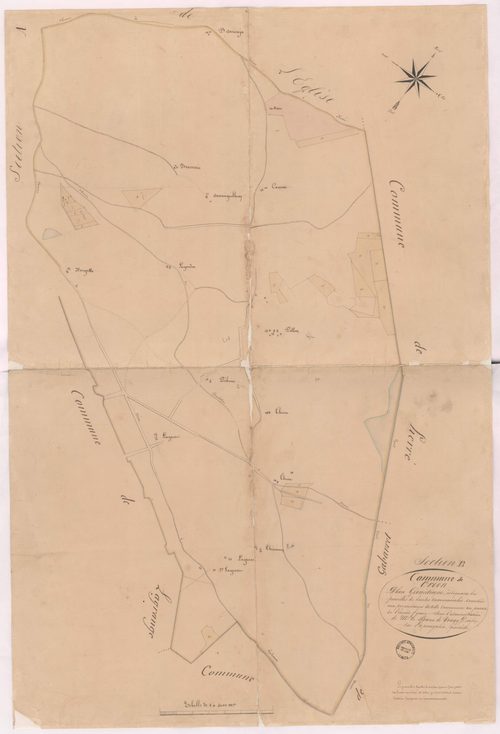 Créon-d'Armagnac - Plan géométrique de la section B, indiquant les parcelles de landes au prorata de l'impôt foncier, par Lapouyalère géomètre