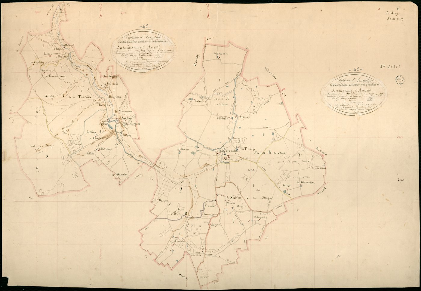 Ambloy - 3 P 2/1/1 - - Ambloy : plans du cadastre napoléonien. Tableau d'assemblage (commun avec Sasnières)