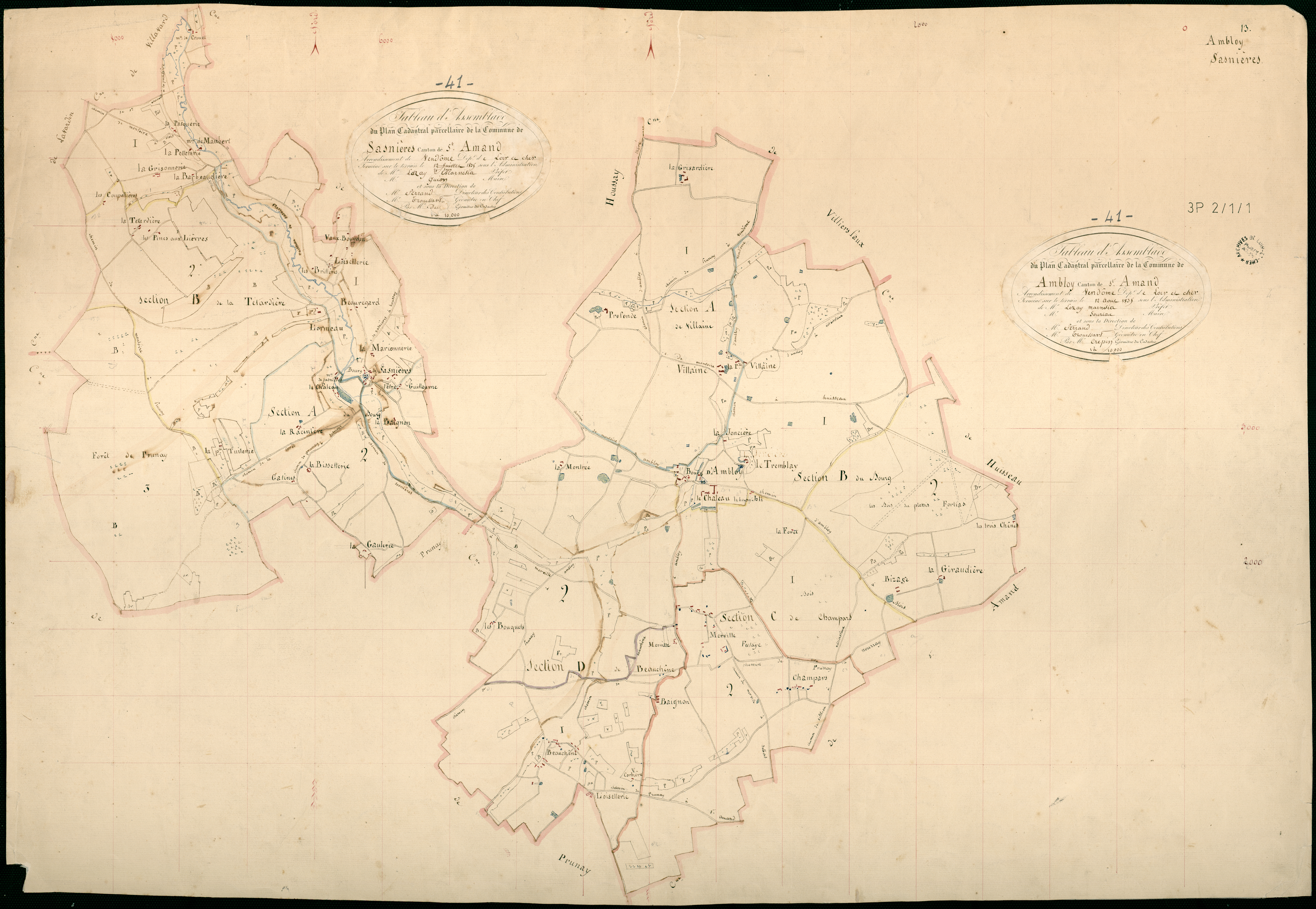 Ambloy - 3 P 2/1/1 - - Ambloy : plans du cadastre napoléonien. Tableau d'assemblage (commun avec Sasnières)