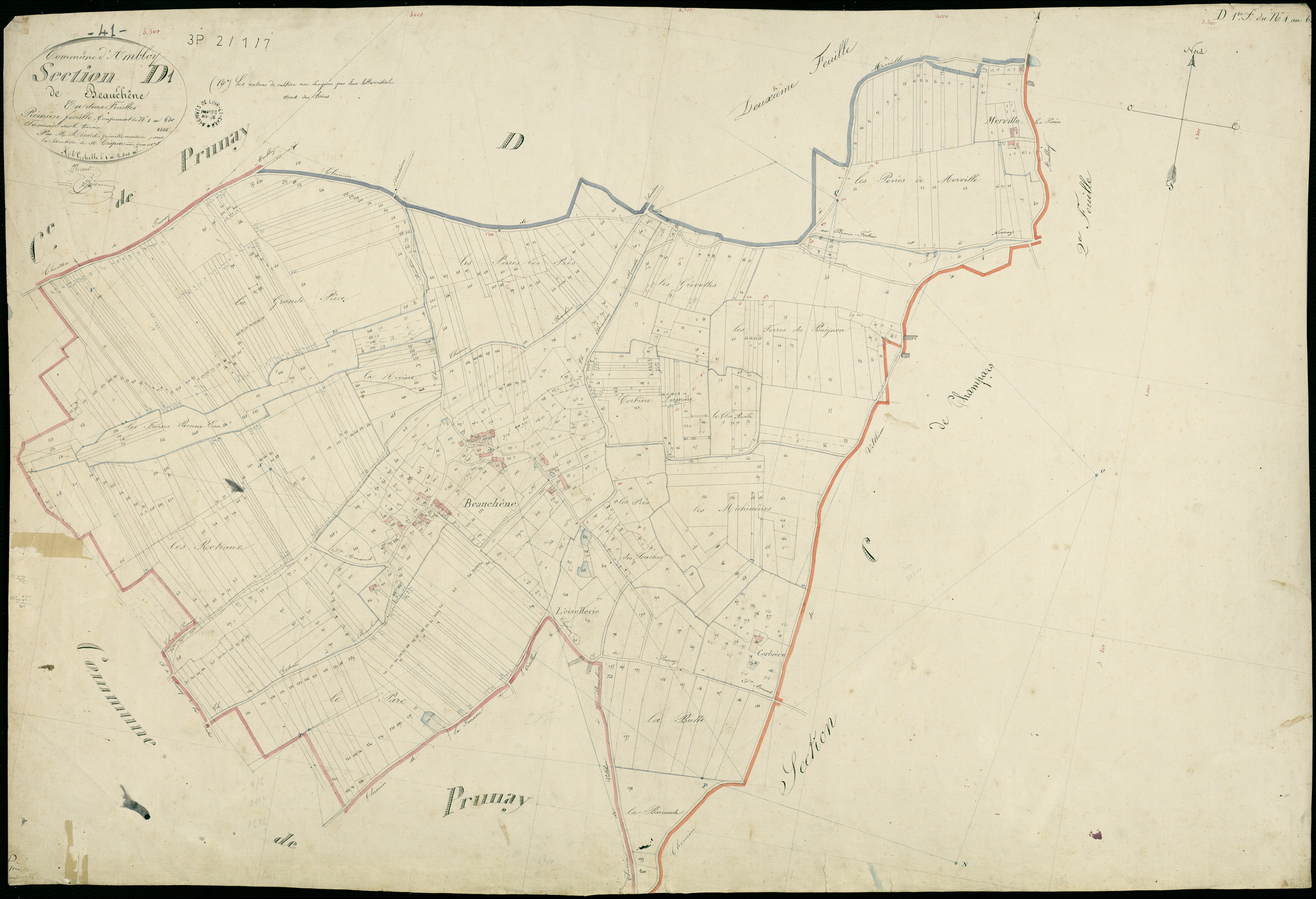 Ambloy - 3 P 2/1/7 - - Ambloy : plans du cadastre napoléonien. Section D1 dite de beauchêne