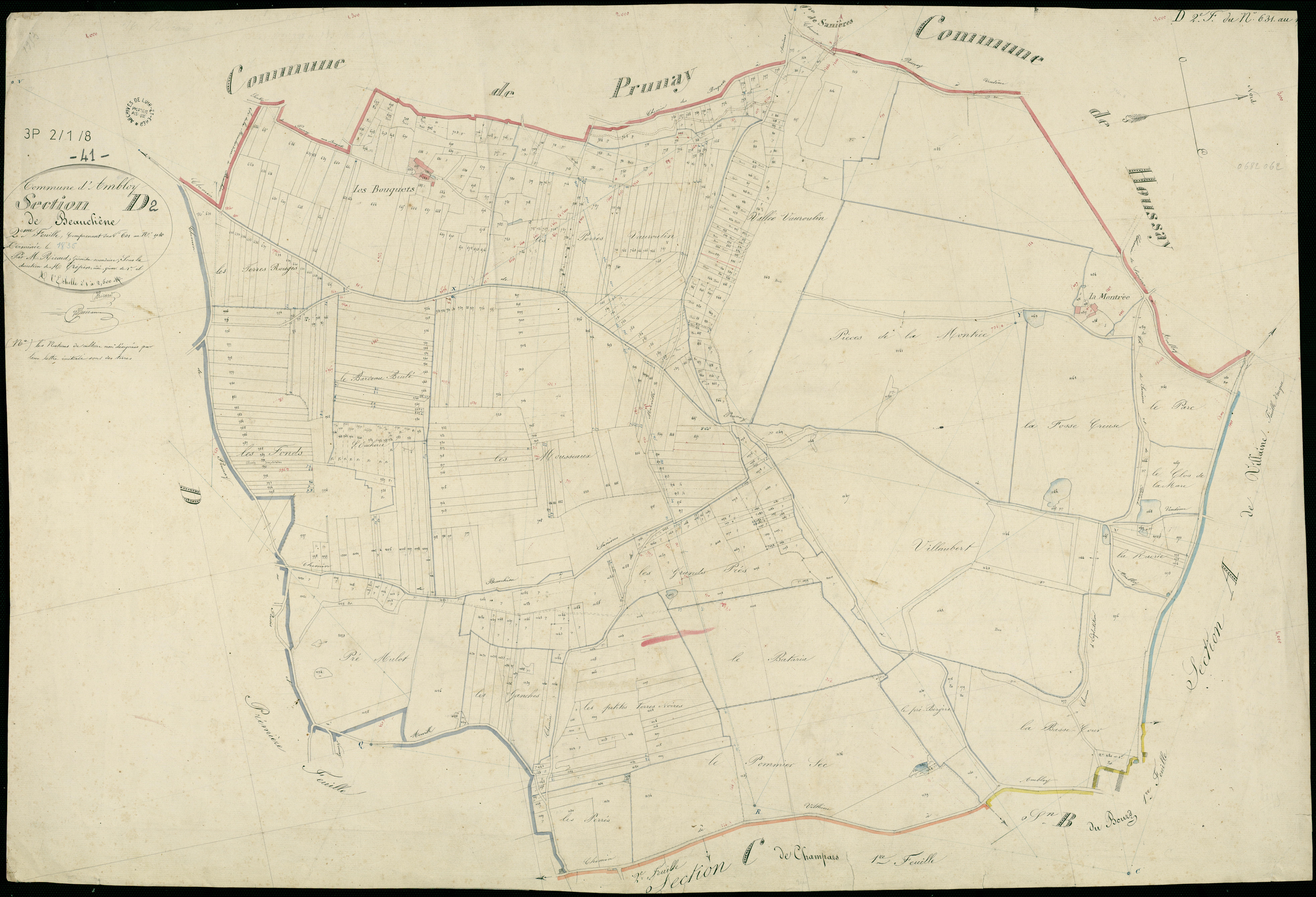 Ambloy - 3 P 2/1/8 - - Ambloy : plans du cadastre napoléonien. Section D2 dite de beauchêne