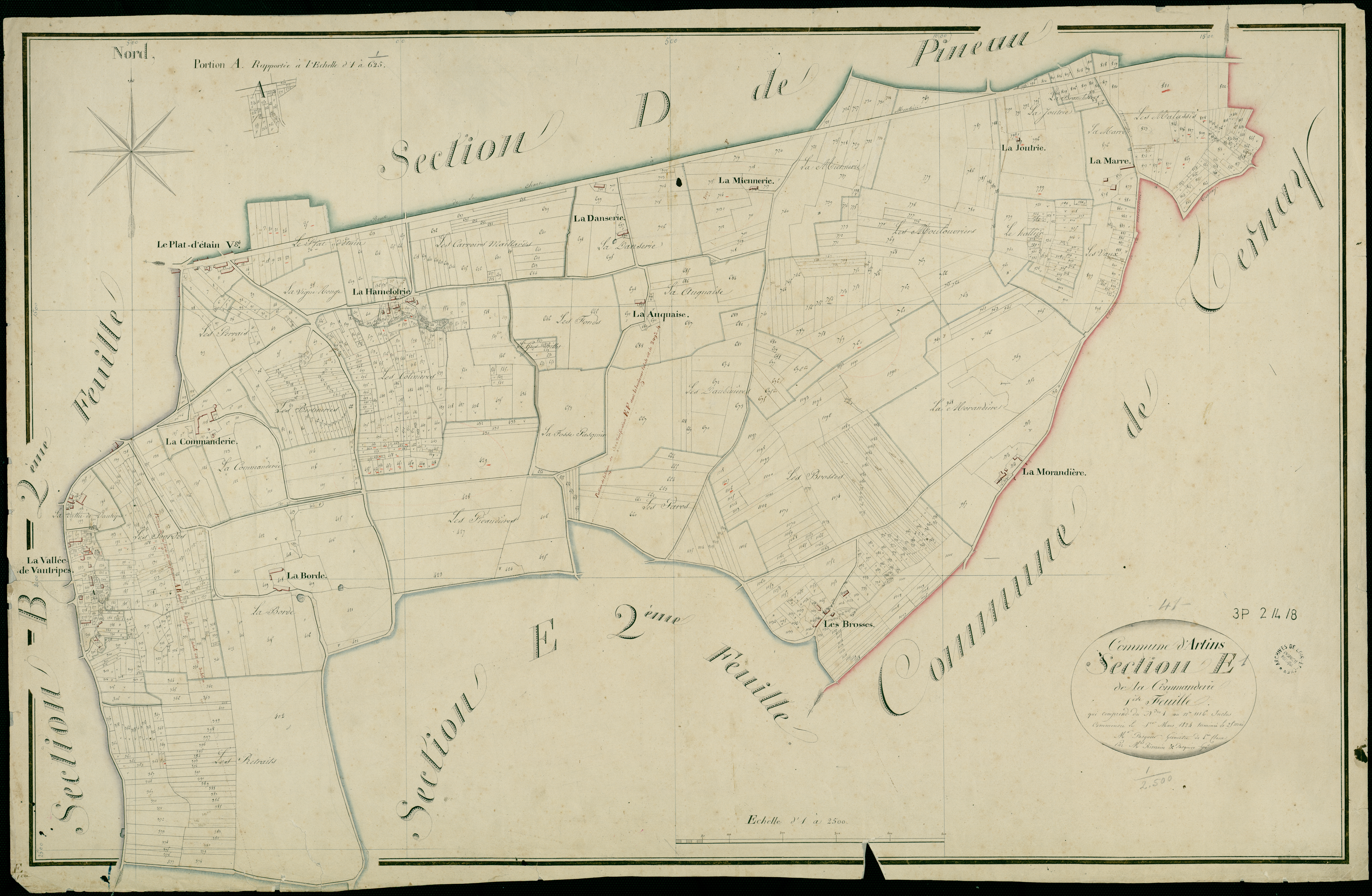 Artins - 3 P 2/4/8 - - Artins : plans du cadastre napoléonien. Section E1 dite de la commanderie