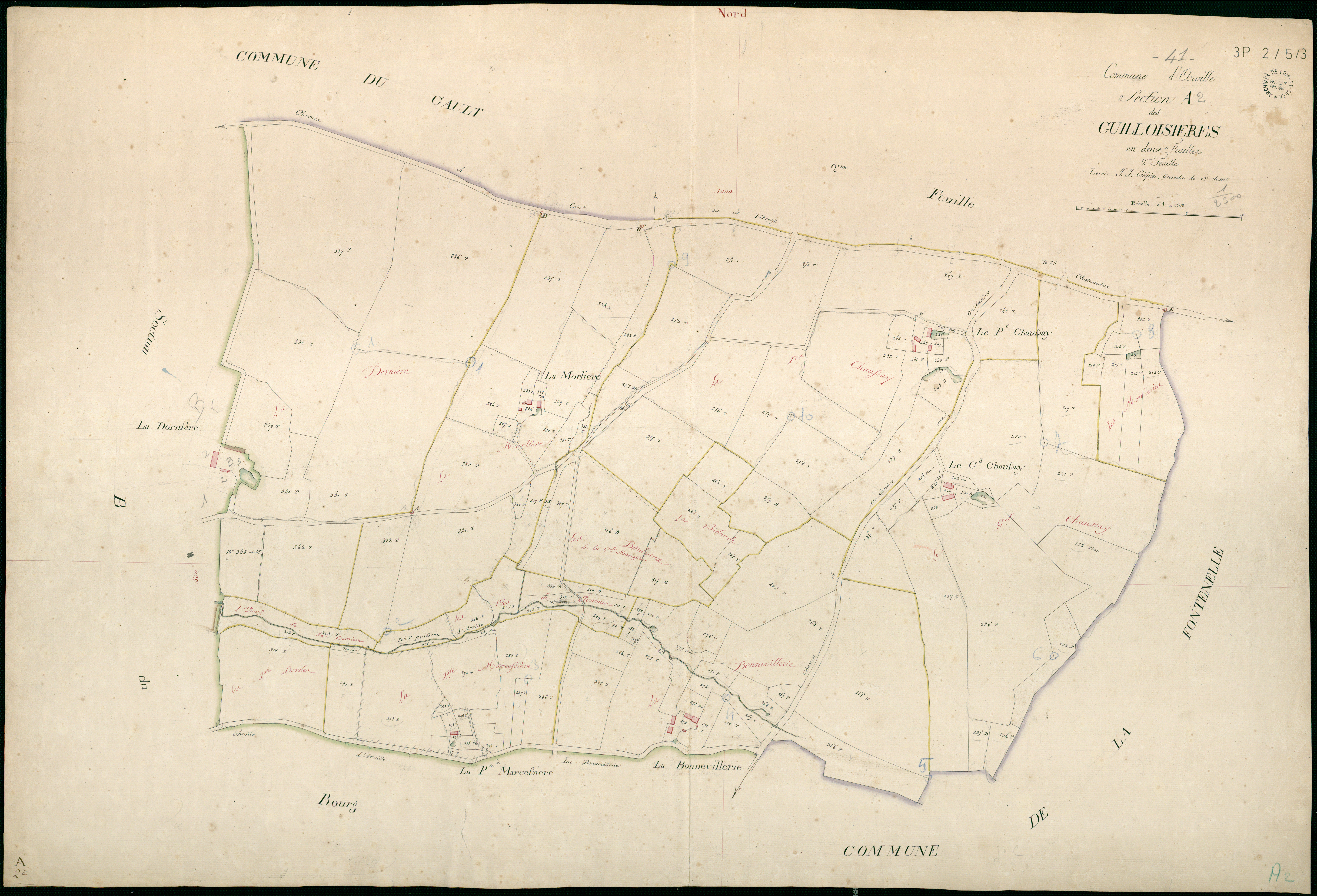 Arville - 3 P 2/5/3 - - Arville : plans du cadastre napoléonien. Section A2 dite des guilloisières