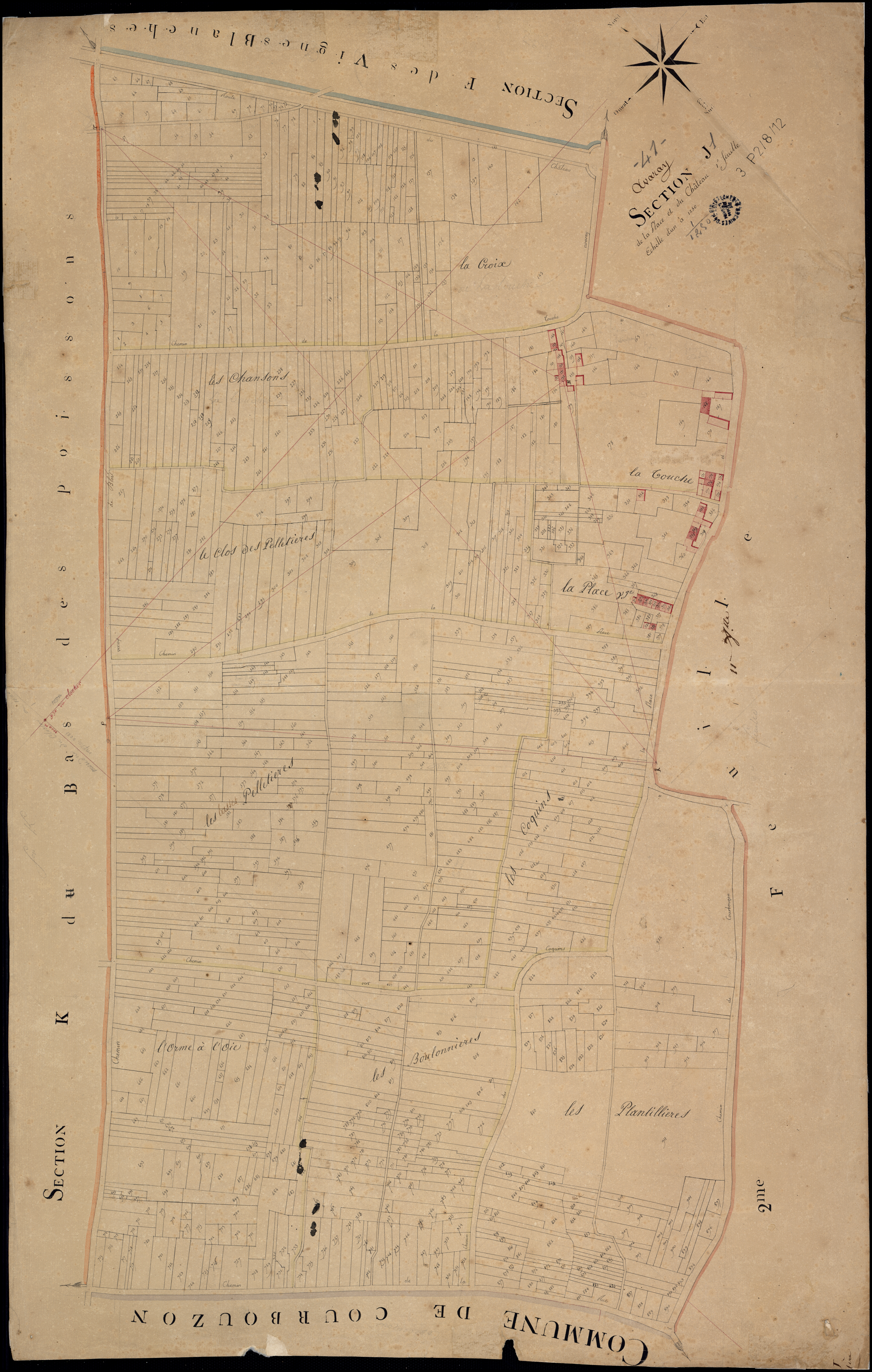 Avaray - 3 P 2/8/12 - - Avaray : plans du cadastre napoléonien. Section J1 dite de la place et du château
