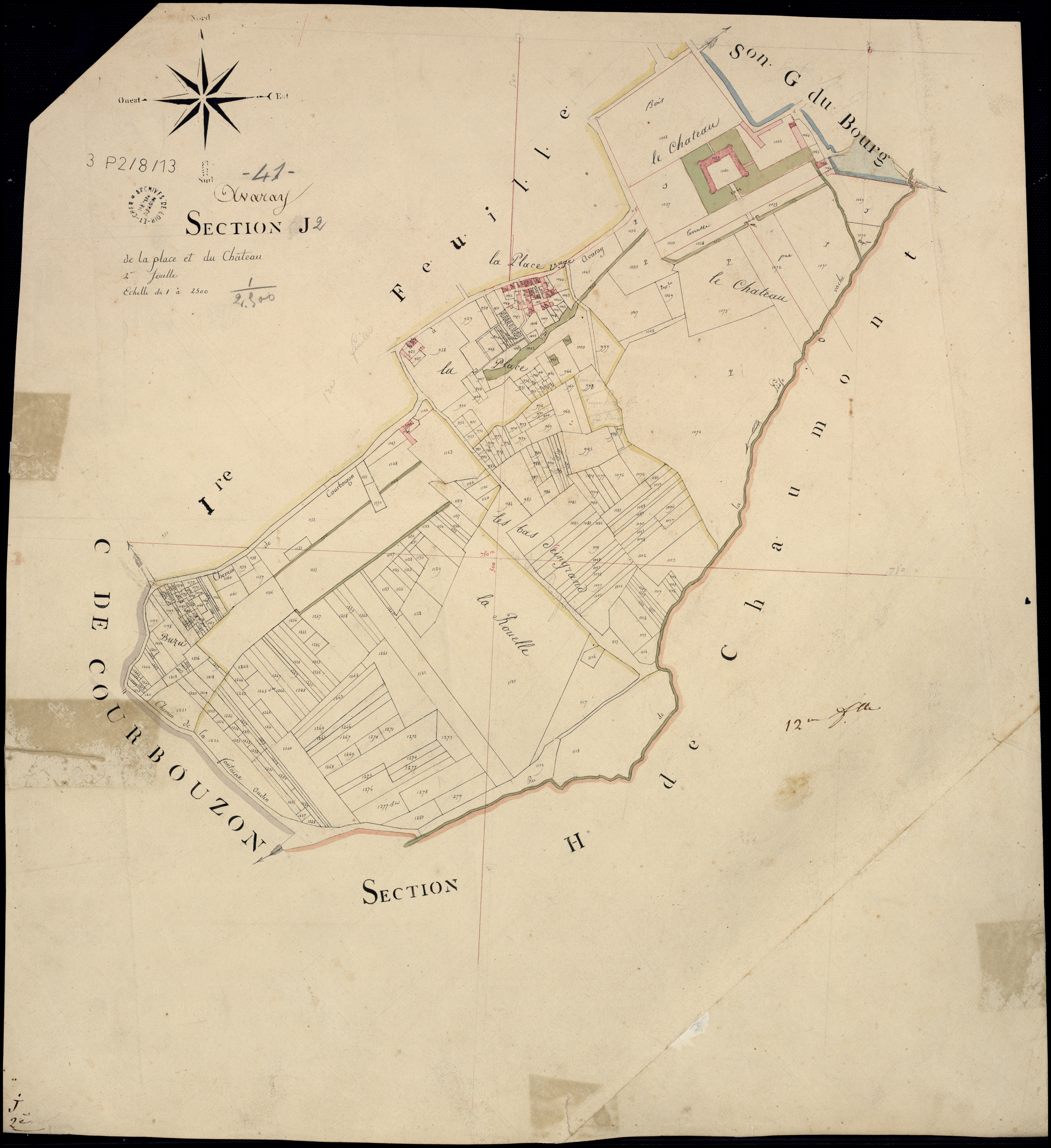 Avaray - 3 P 2/8/13 - - Avaray : plans du cadastre napoléonien. Section J2 dite de la place et du château