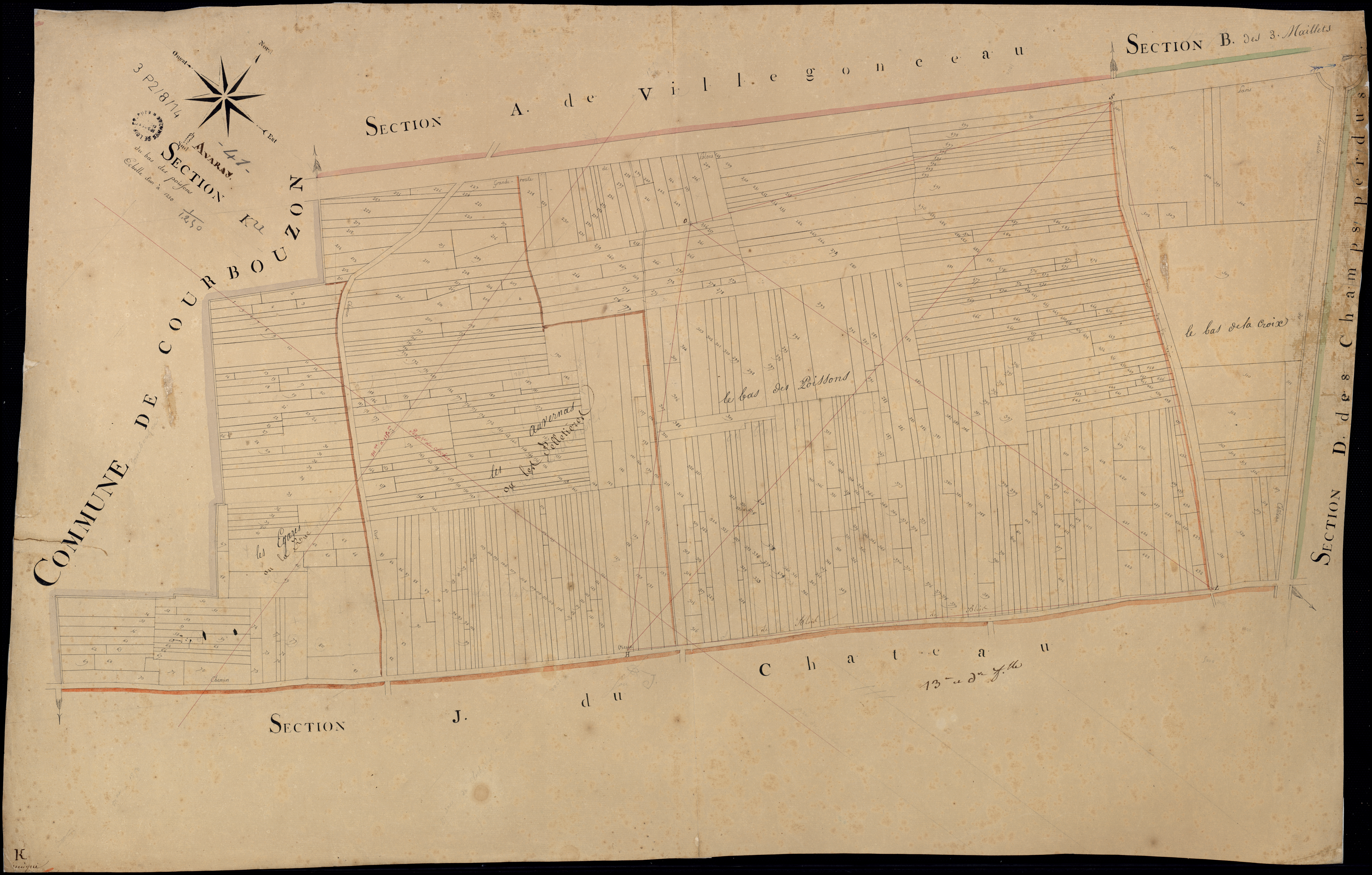 Avaray - 3 P 2/8/14 - - Avaray : plans du cadastre napoléonien. Section K dite du bas des poissons