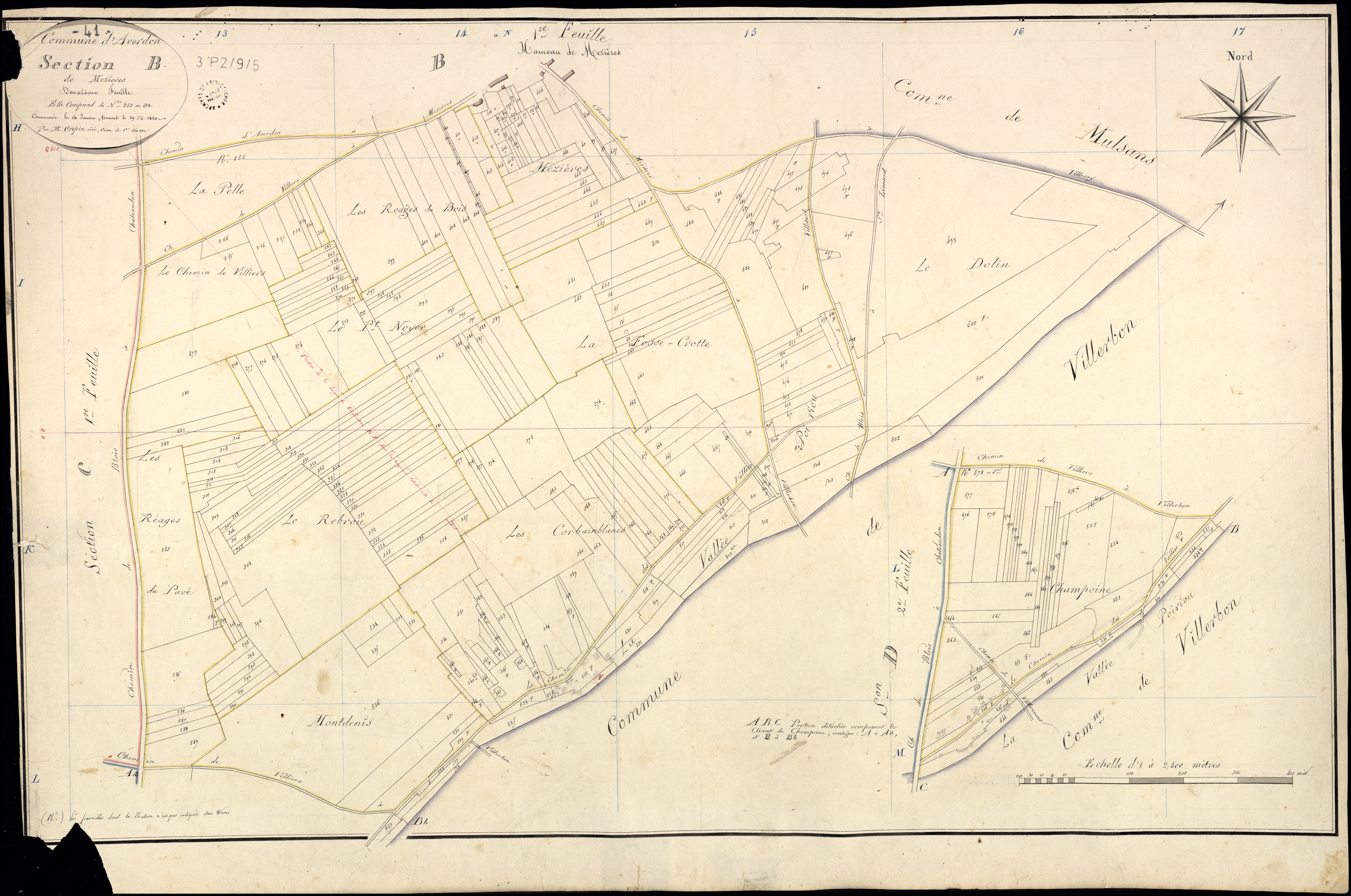 Averdon - 3 P 2/9/5 - - Averdon : plans du cadastre napoléonien. Section B2 dite de mezières