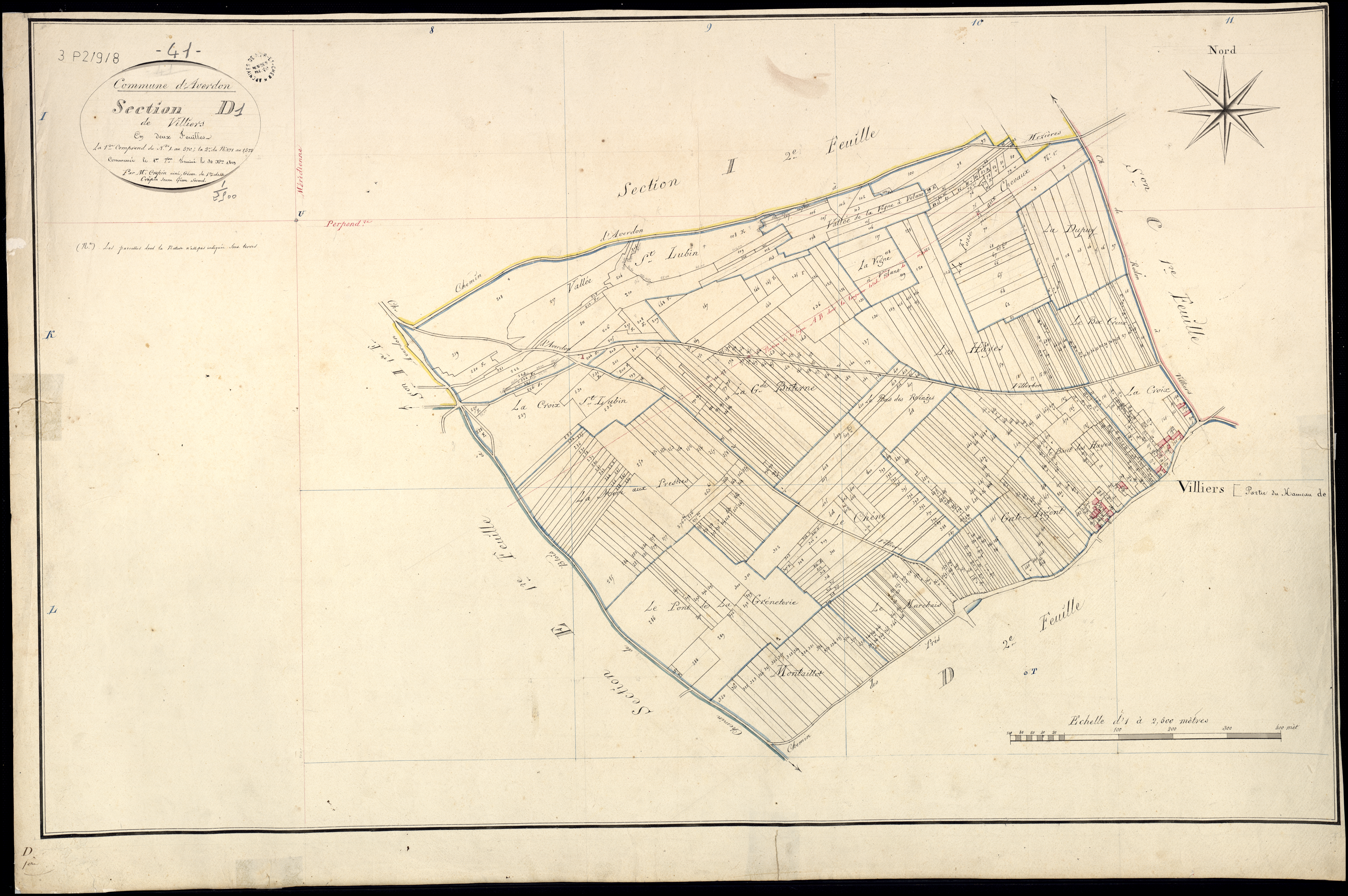 Averdon - 3 P 2/9/8 - - Averdon : plans du cadastre napoléonien. Section D1 dite de villiers