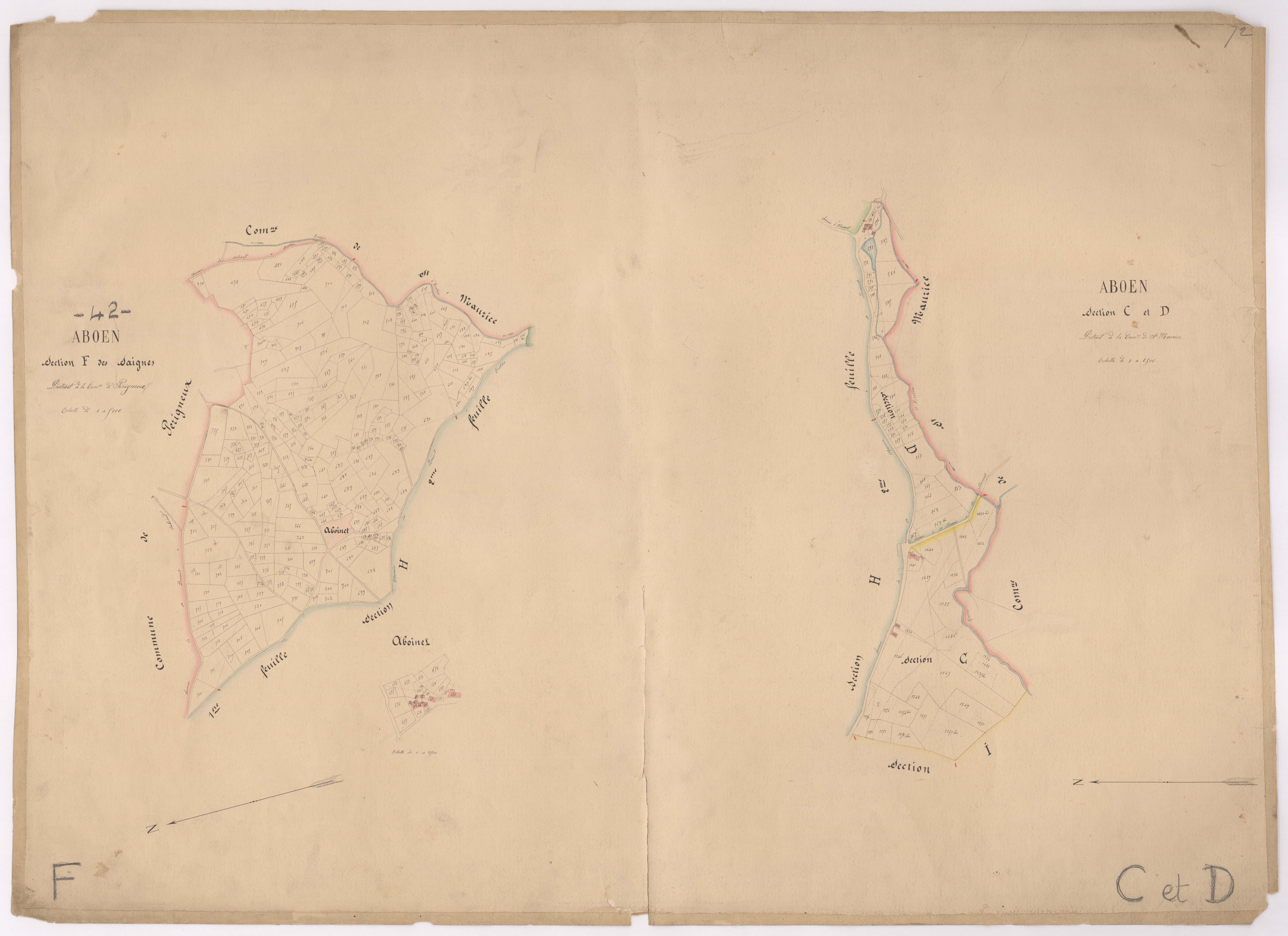 Aboën - 1682VT1_3 - Section C, D et F (Les Saignes) : plan levé à l'échelle 1:5000 et 1:2500. [1872]