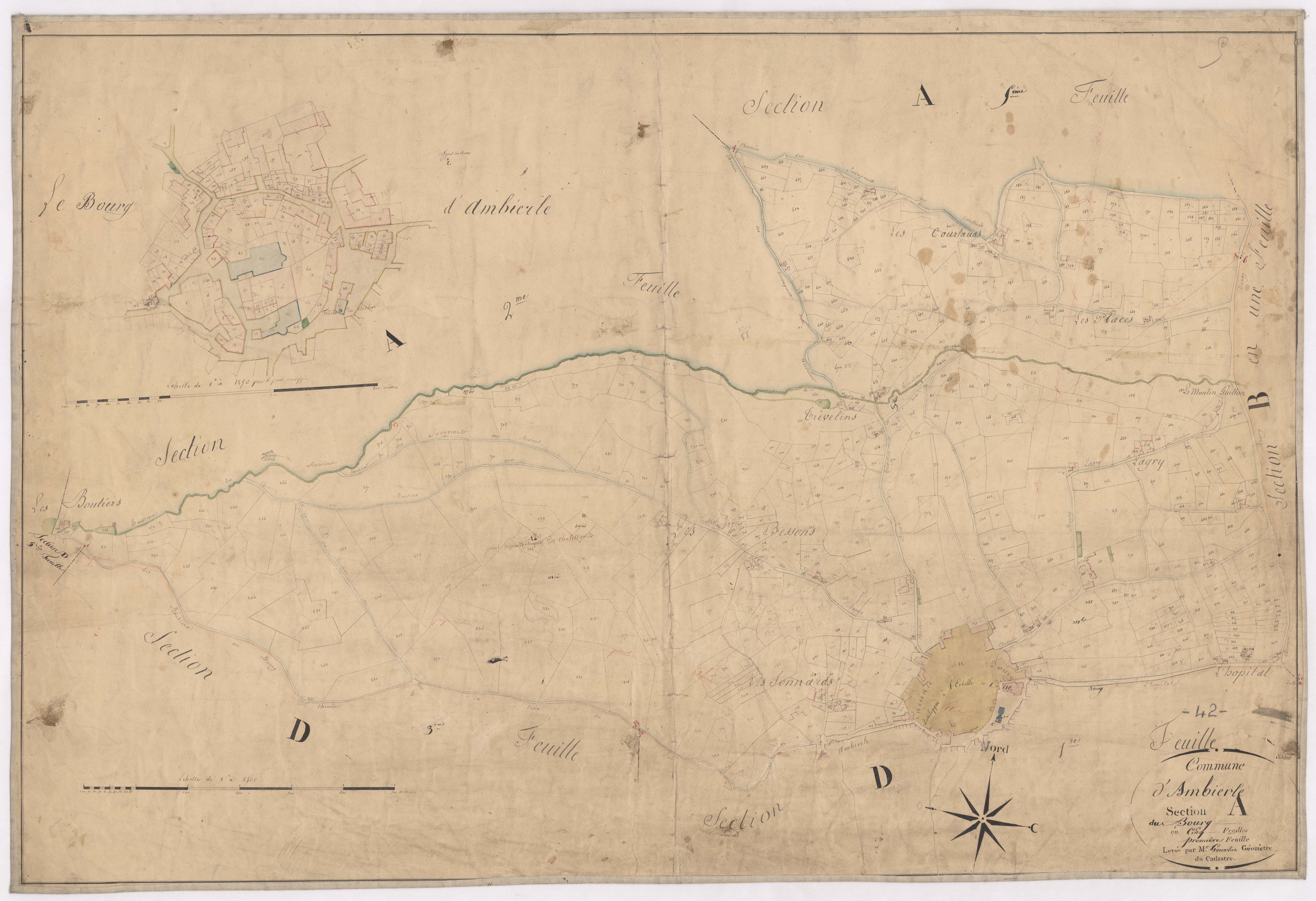 Ambierle - 1712VT1_2 - Section A 1 (Le Bourg) : plan levé par Gourlat à l'échelle 1:2500 et 1:1250. [1828]
