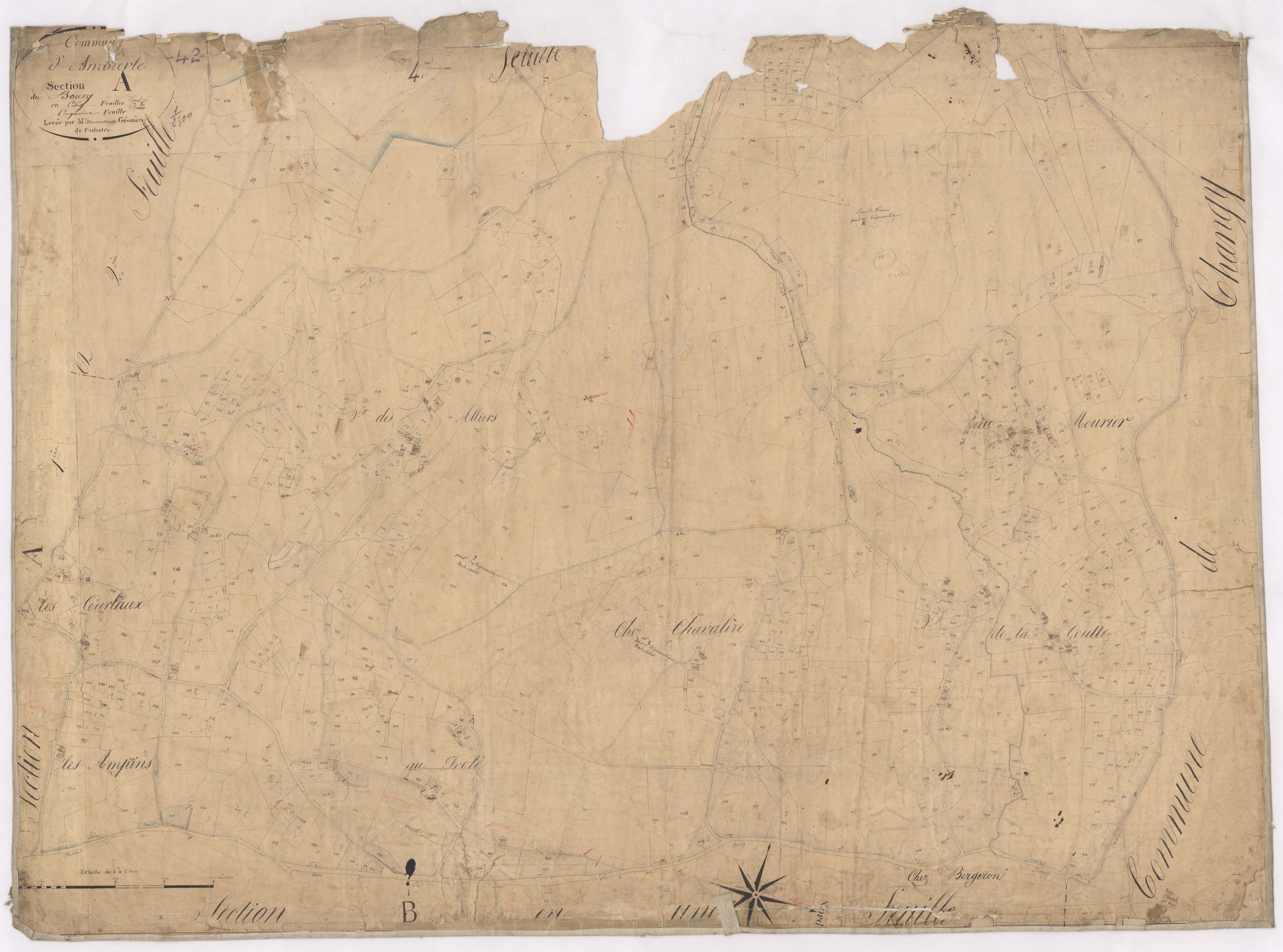 Ambierle - 1712VT1_6 - Section A 5 (Le Bourg) : plan levé par Maisonneuve à l'échelle 1:2500. [1828]