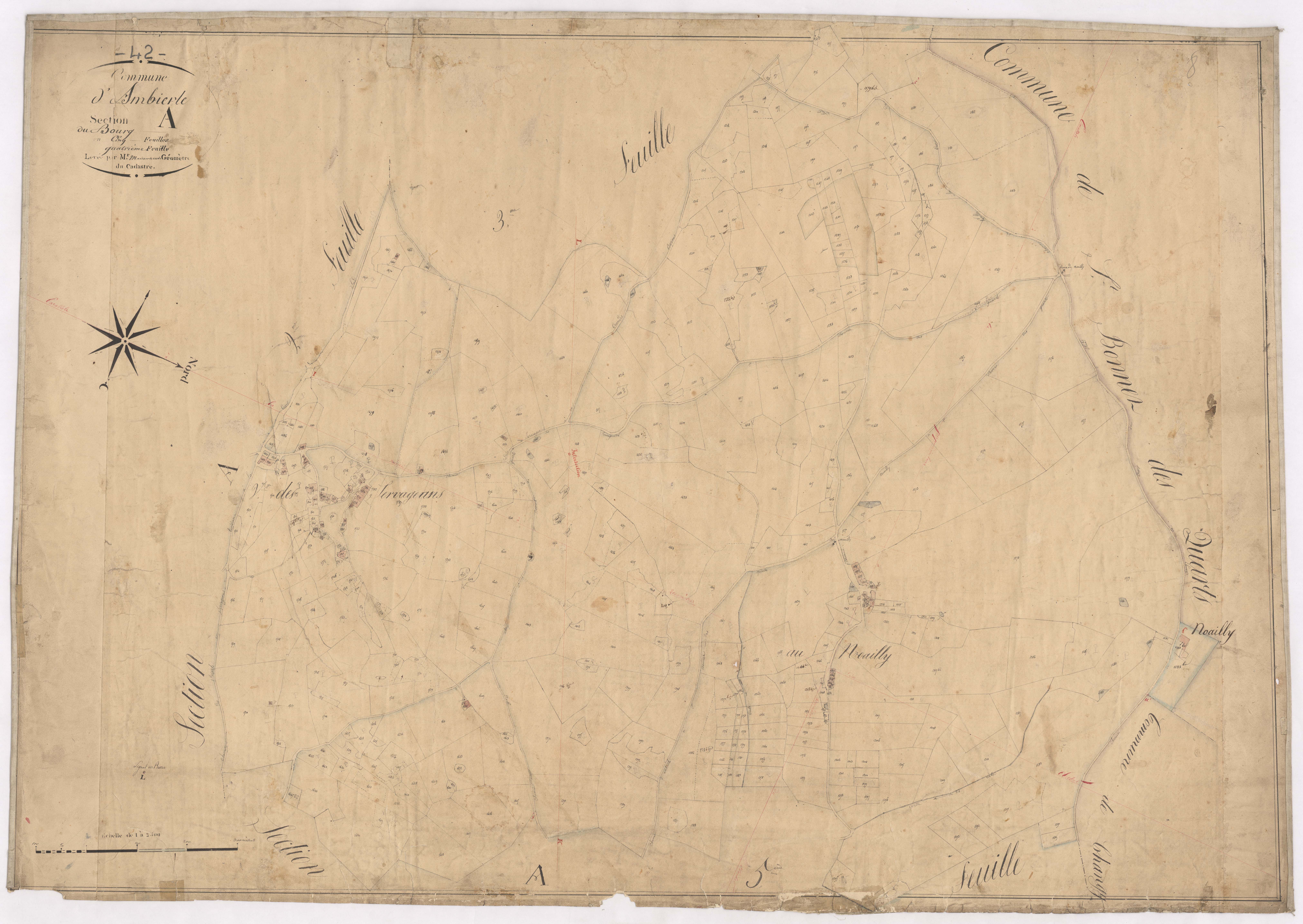 Ambierle - 1712VT1_5 - Section A 4 (Le Bourg) : plan levé par Maisonneuve à l'échelle 1:2500. [1828]