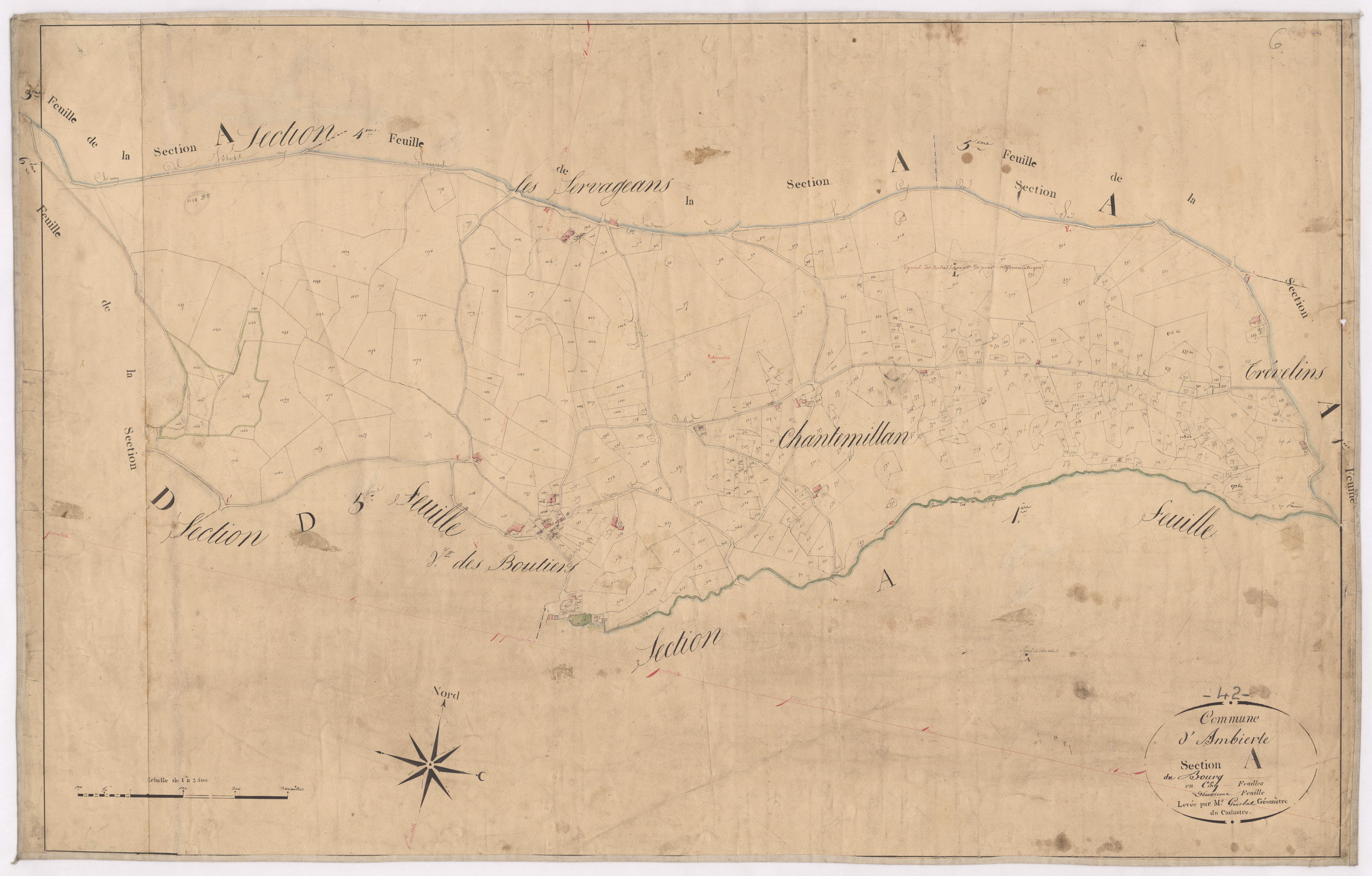 Ambierle - 1712VT1_3 - Section A 2 (Le Bourg) : plan levé par Gourlat à l'échelle 1:2500. [1828]