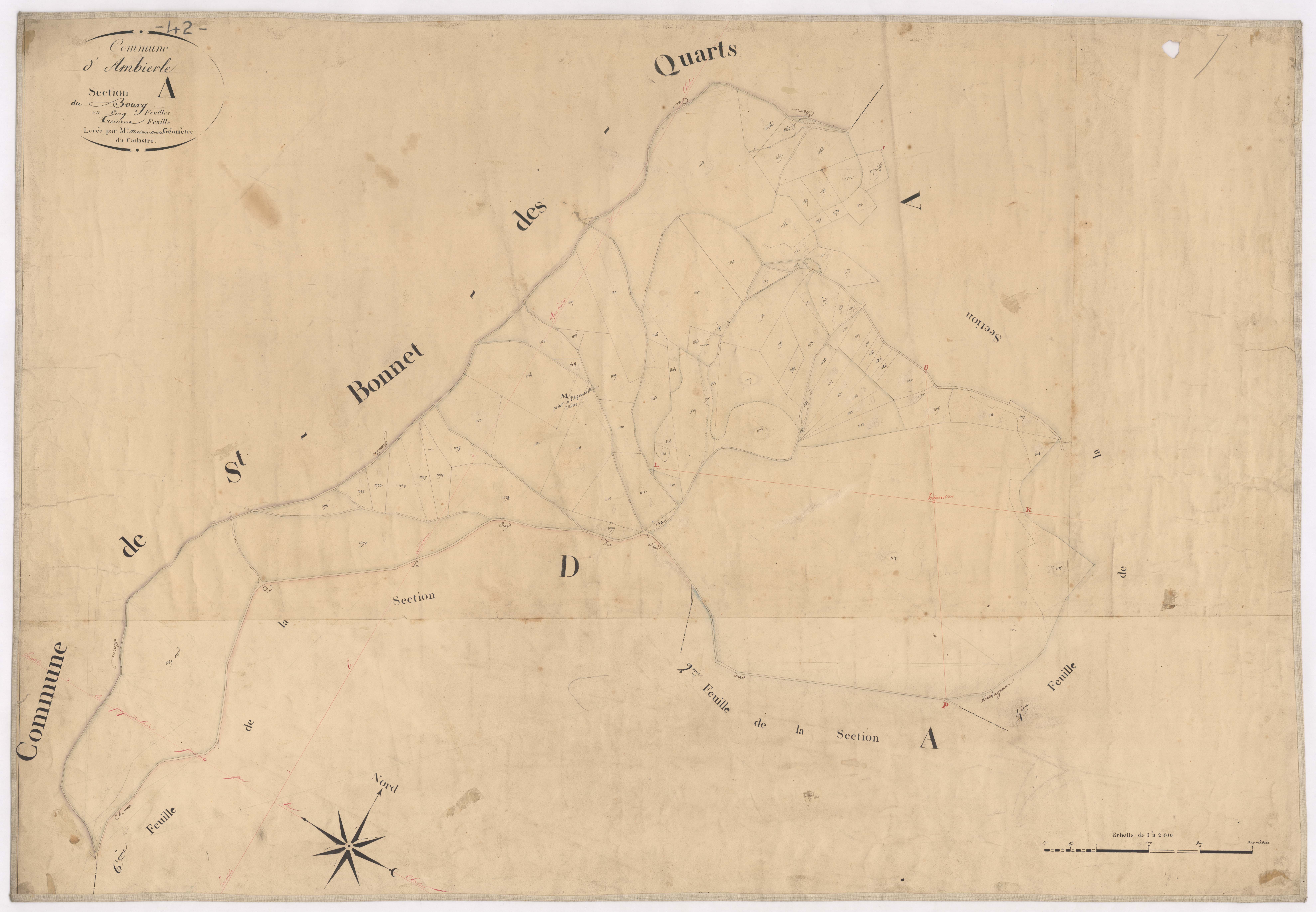 Ambierle - 1712VT1_4 - Section A 3 (Le Bourg) : plan levé par Maisonneuve à l'échelle 1:2500. [1828]