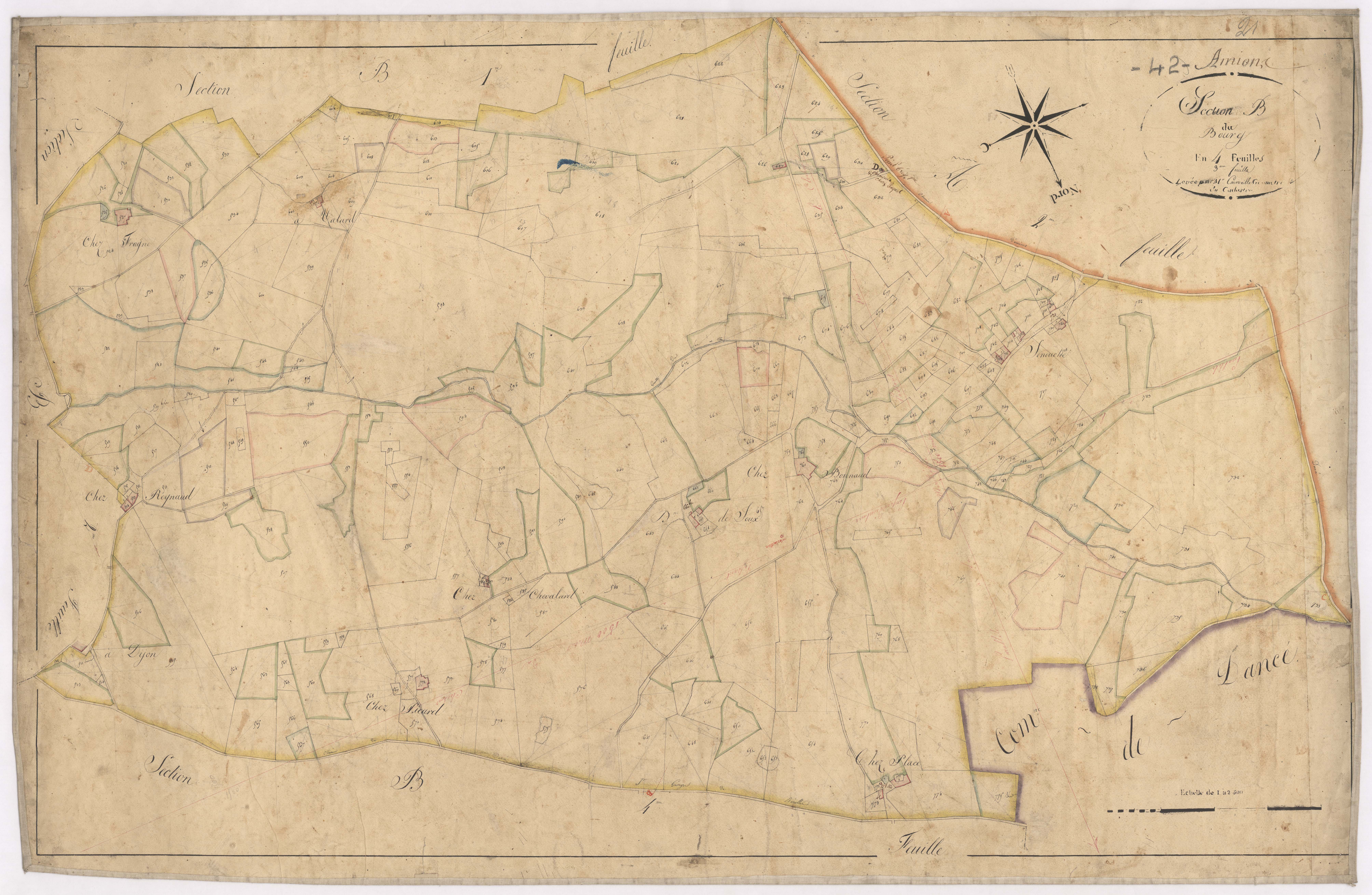Amions - 1712VT1_21 - Section B 3 (Le Bourg) : plan levé par Courveille à l'échelle 1:2500. [1825]