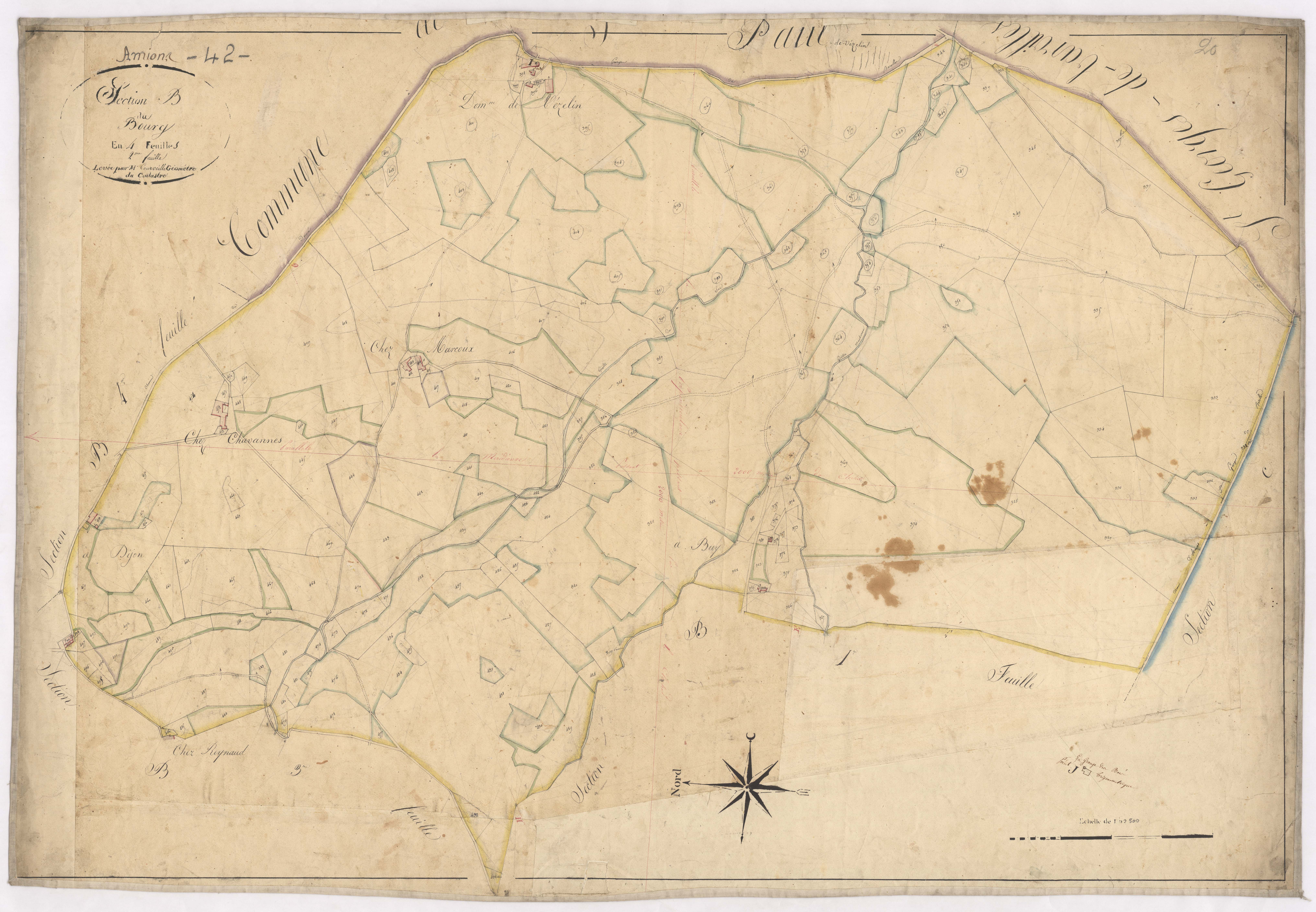 Amions - 1712VT1_20 - Section B 2 (Le Bourg) : plan levé par Courveille à l'échelle 1:2500. [1825]