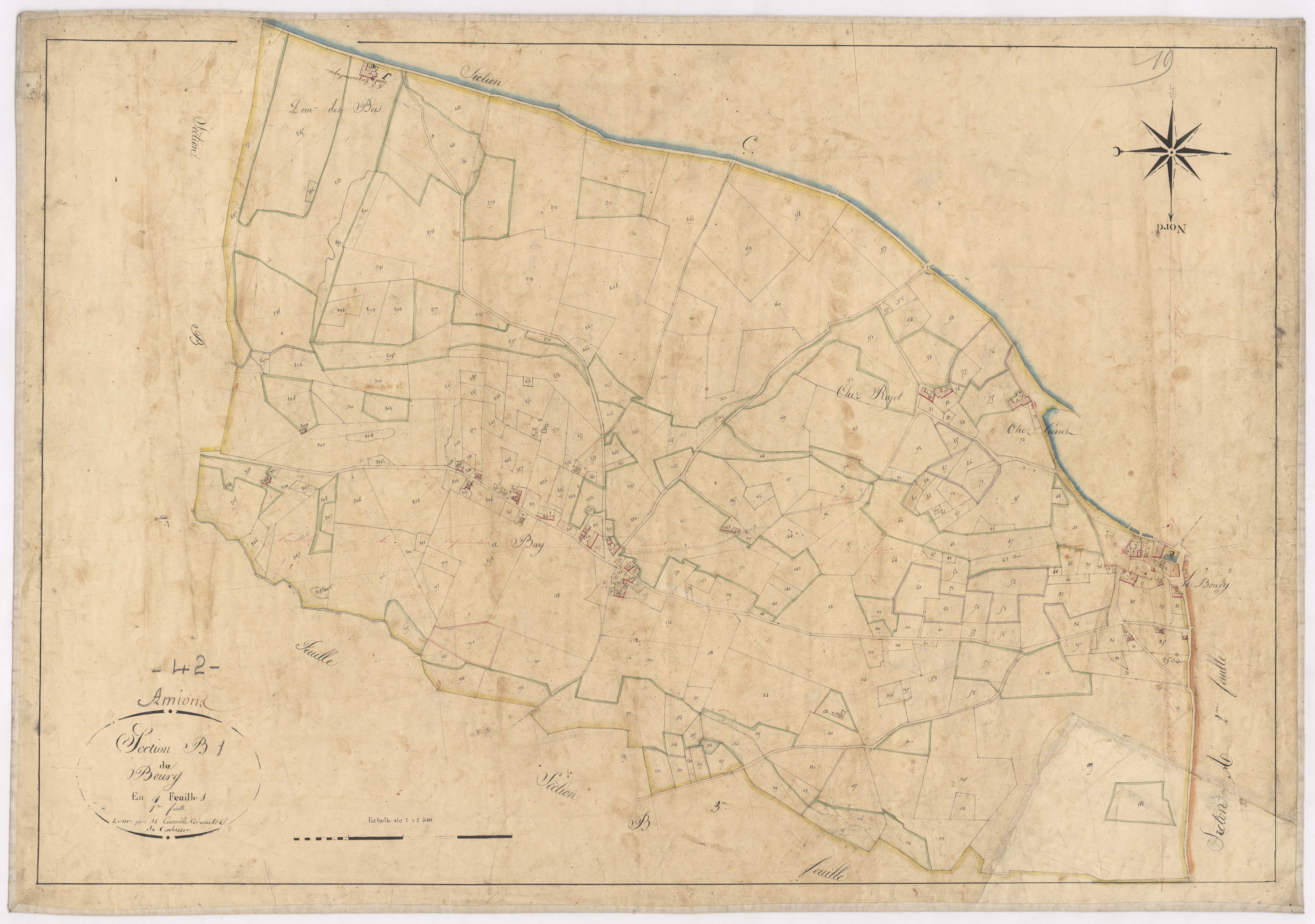Amions - 1712VT1_19 - Section B 1 (Le Bourg) : plan levé par Courveille à l'échelle 1:2500. [1825]
