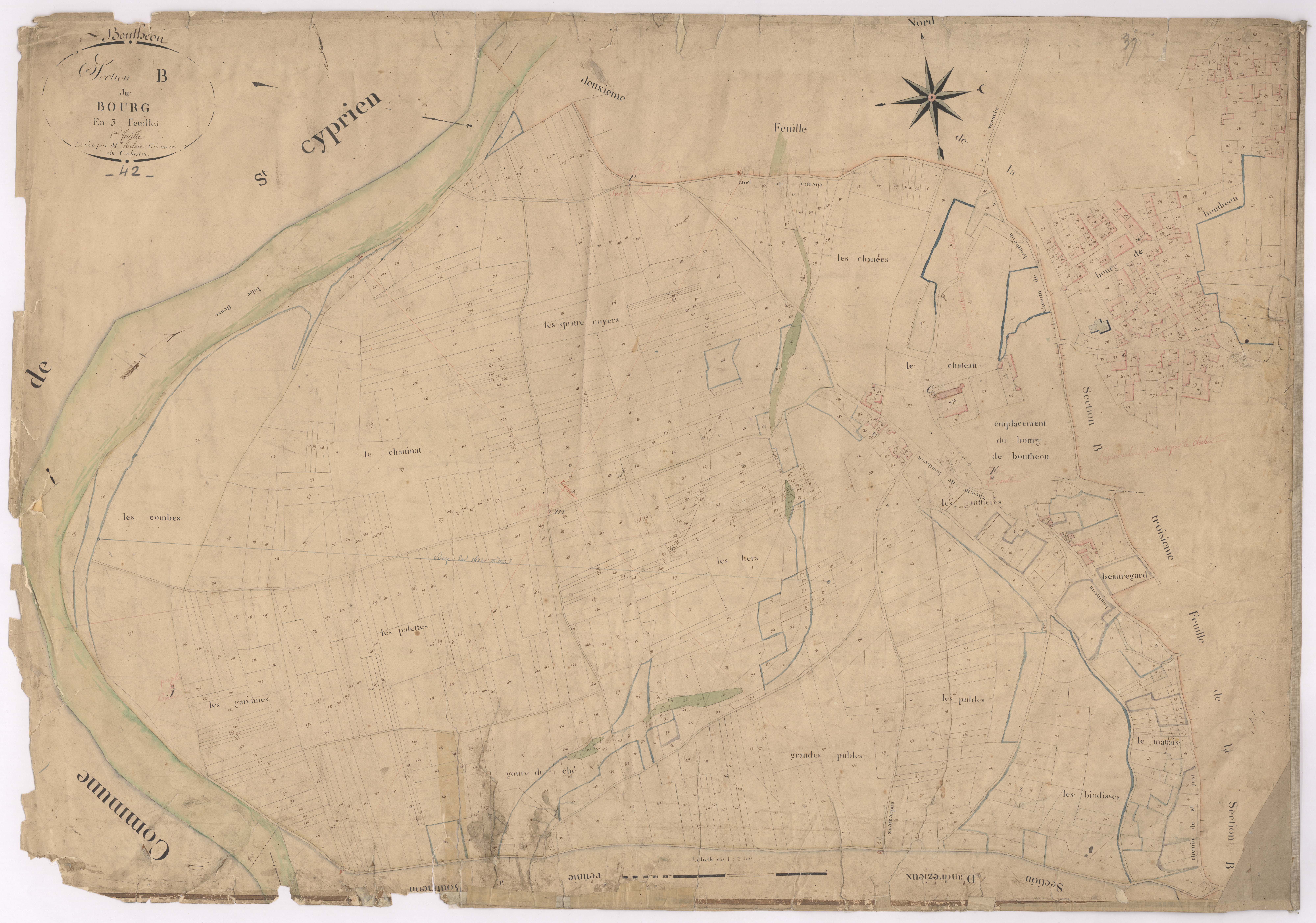 Andrézieux - 1682VT1_22 - Section B 1 (Le Bourg) : plan levé par Relave à l'échelle 1:2500 et 1:1250. [1828]