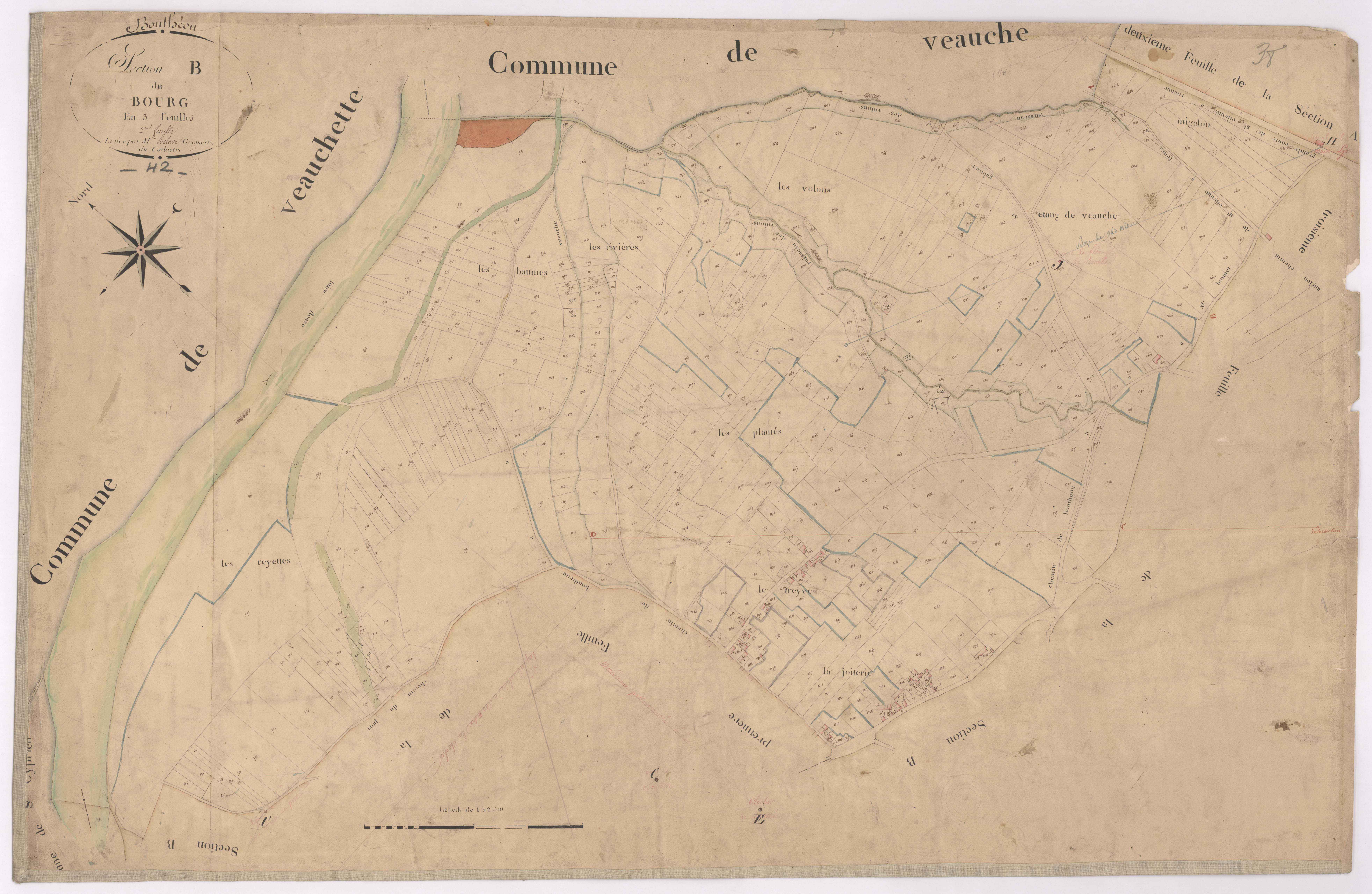 Andrézieux - 1682VT1_23 - Section B 2 (Le Bourg) : plan levé par Relave à l'échelle 1:2500. [1828]