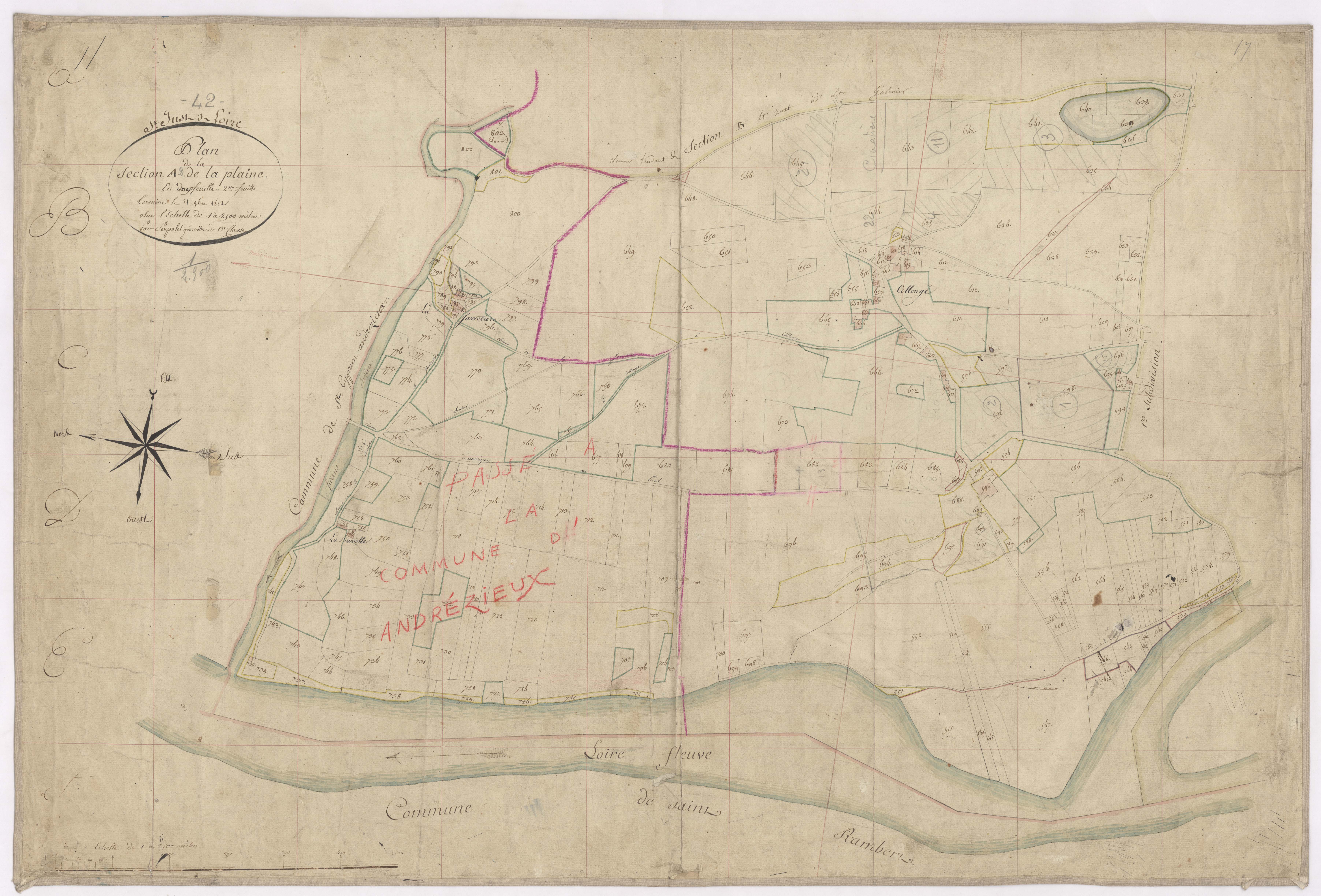 Andrézieux - 1682VT23_4 - Section A 2 (La Plaine) de Saint-Just dont une partie devient section B d'Andrézieux : plan levé par Serpolet à l'échelle 1:2500. 1812