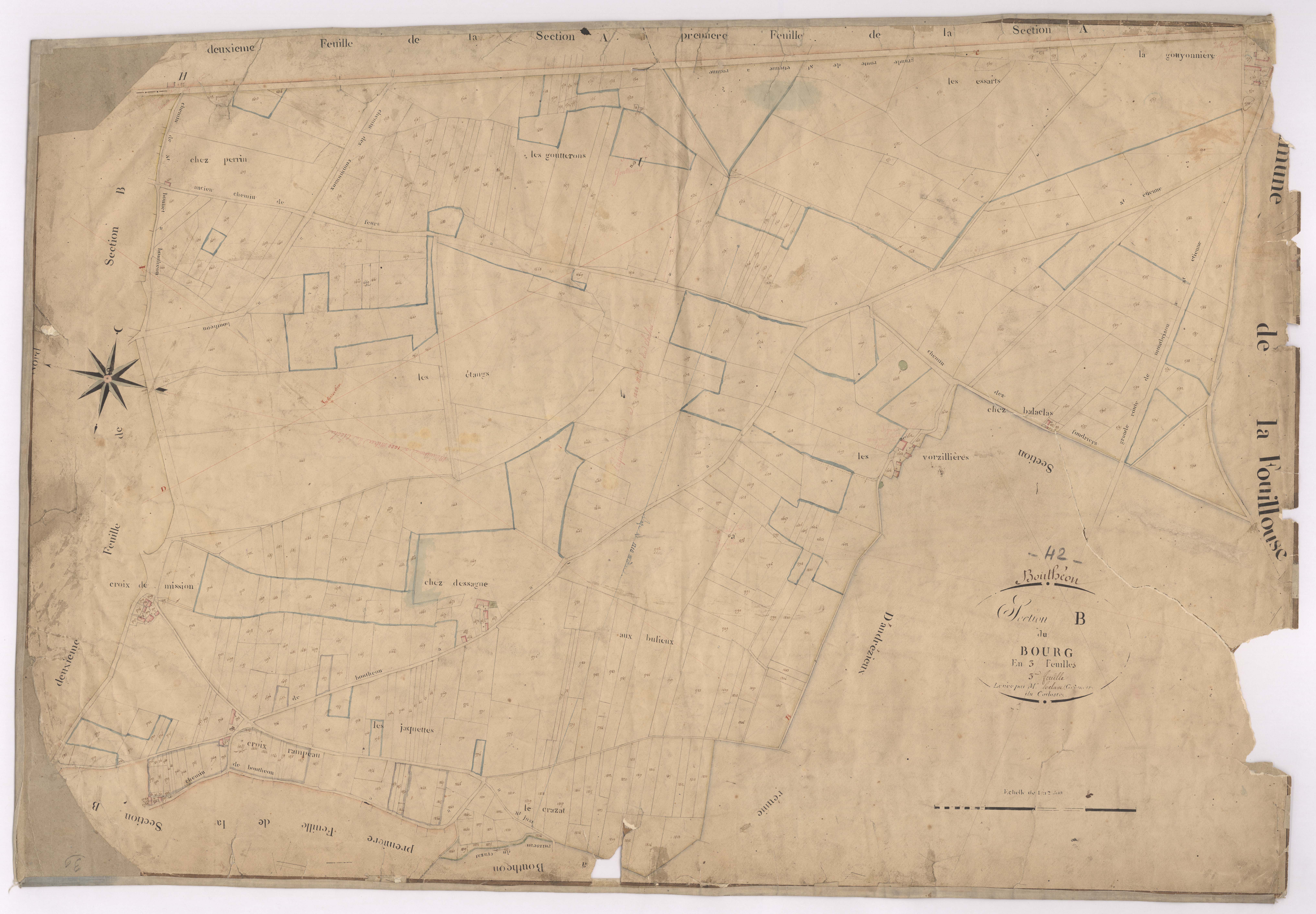 Andrézieux - 1682VT1_24 - Section B 3 (Le Bourg) : plan levé par Relave à l'échelle 1:2500. [1828]
