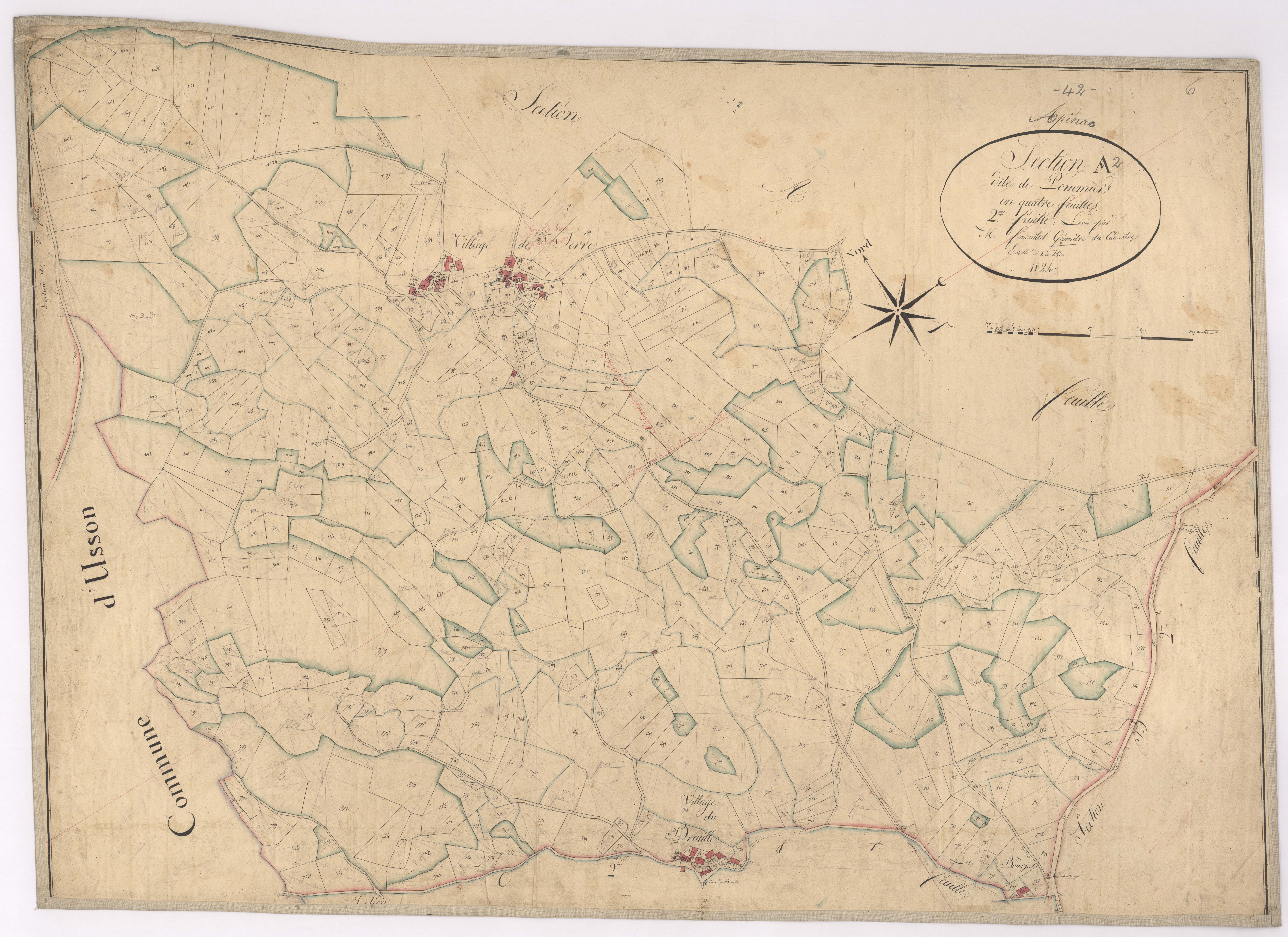 Apinac - 1682VT1_27 - Section A 2 (Pommier) : plan levé par Fenouillet à l'échelle 1:2500. 1824