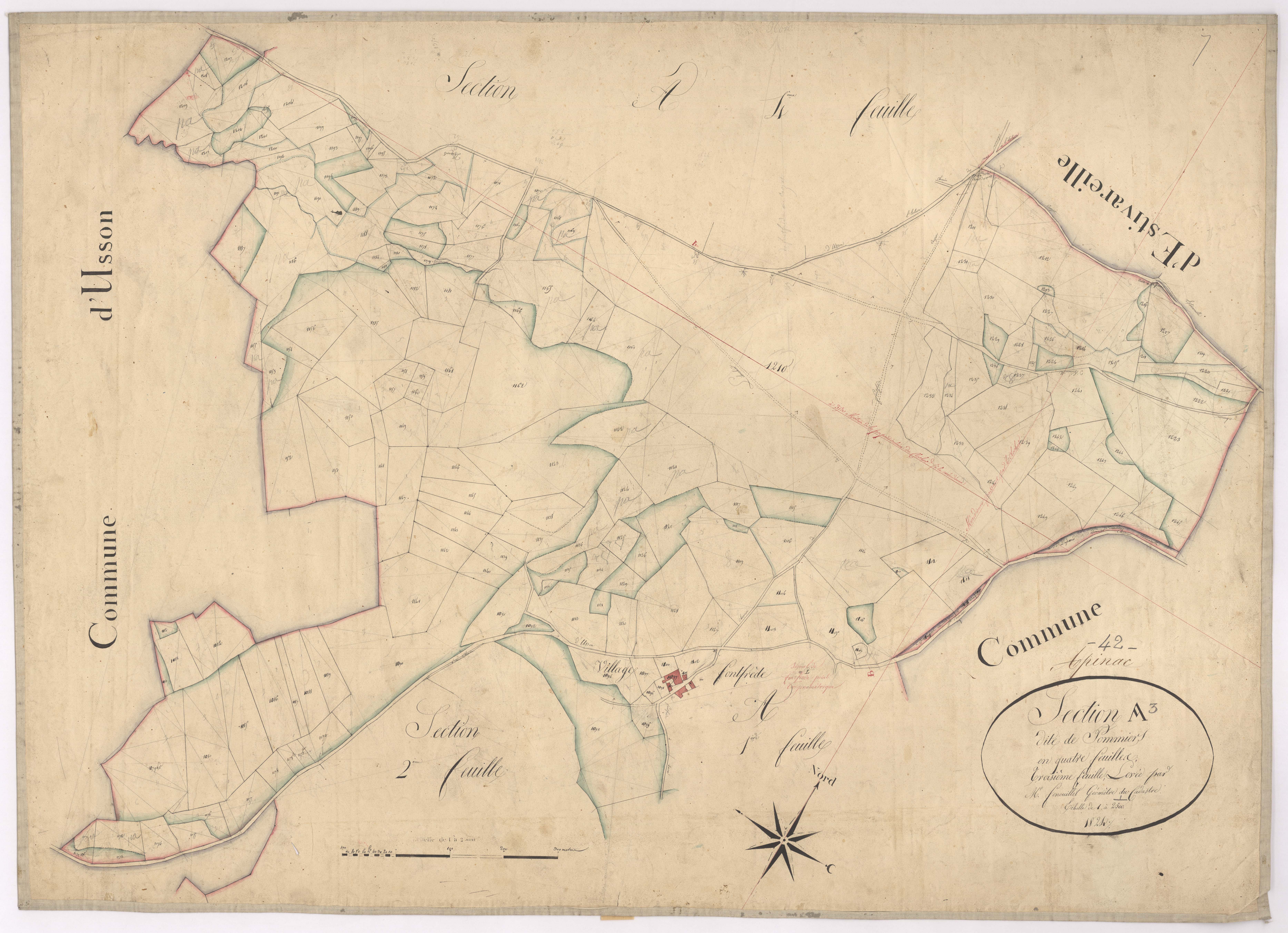 Apinac - 1682VT1_28 - Section A 3 (Pommier) : plan levé par Fenouillet à l'échelle 1:2500. 1824
