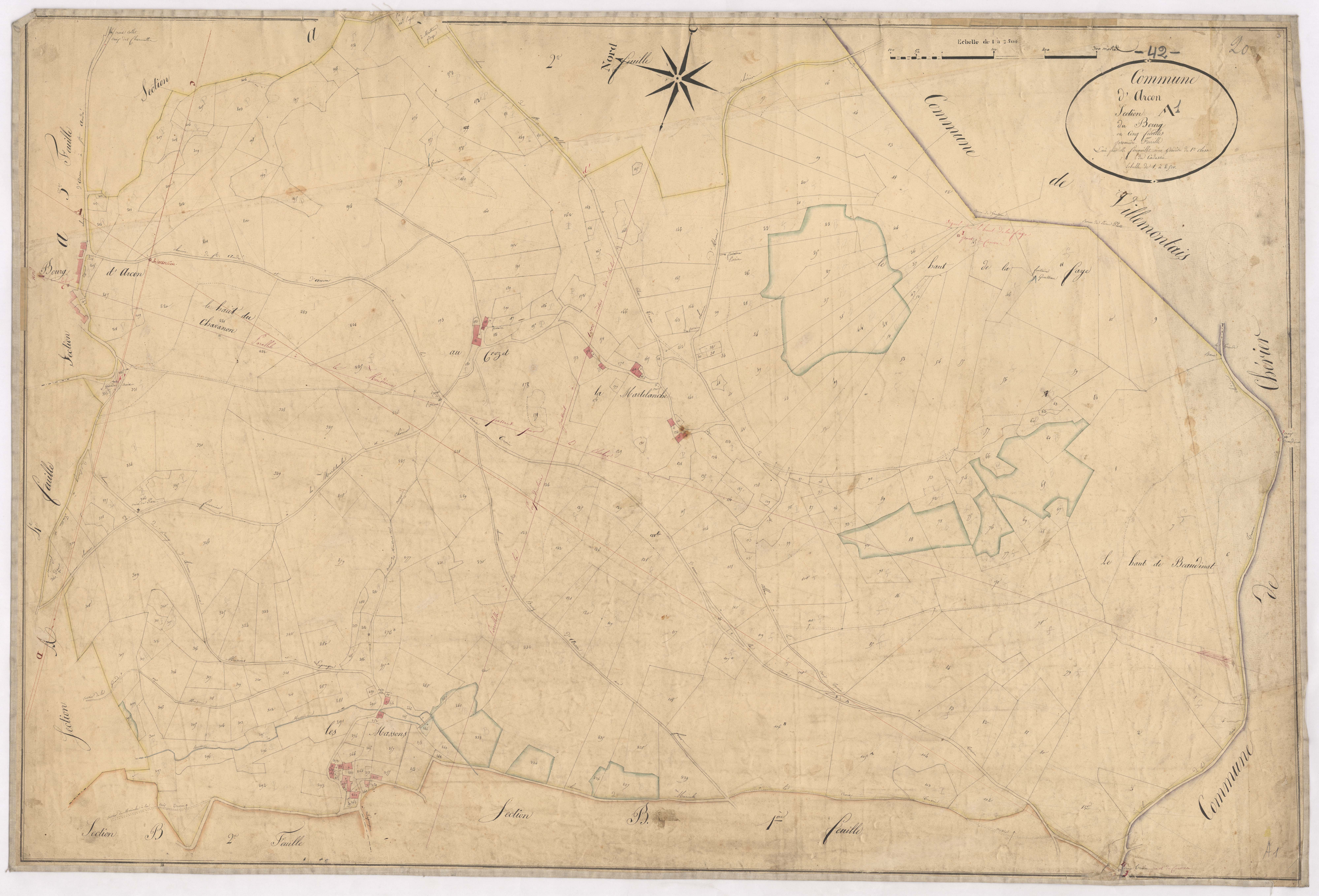 Arcon - 1712VT2_1 - Section A 1 (Le Bourg) : plan levé par Fenouillet aîné à l'échelle 1:2500. [1823-1834]