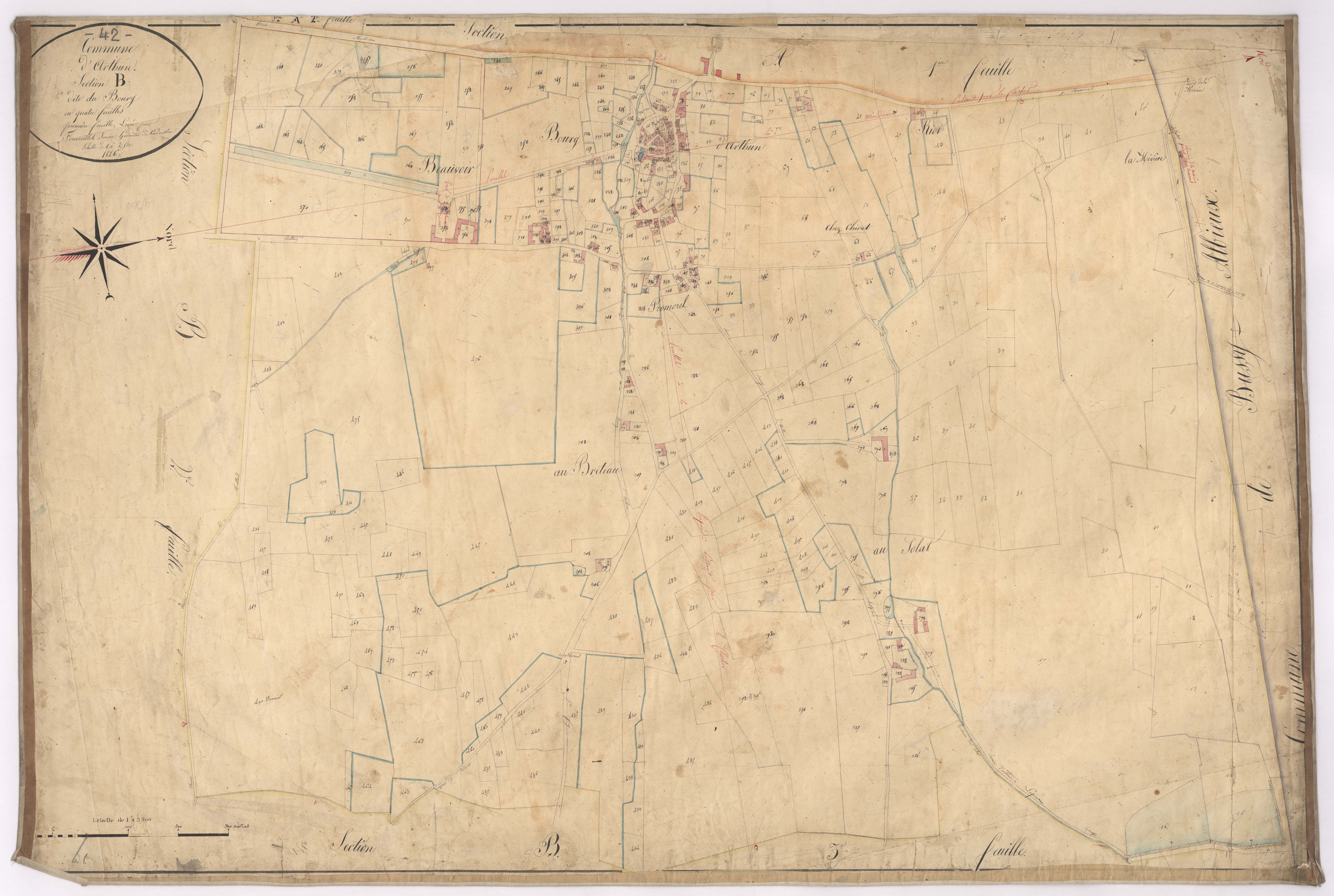 Arthun - 1682VT1_38 - Section B 1 (Le Bourg) : plan levé par Fenouillet jeune à l'échelle 1:2500. 1826