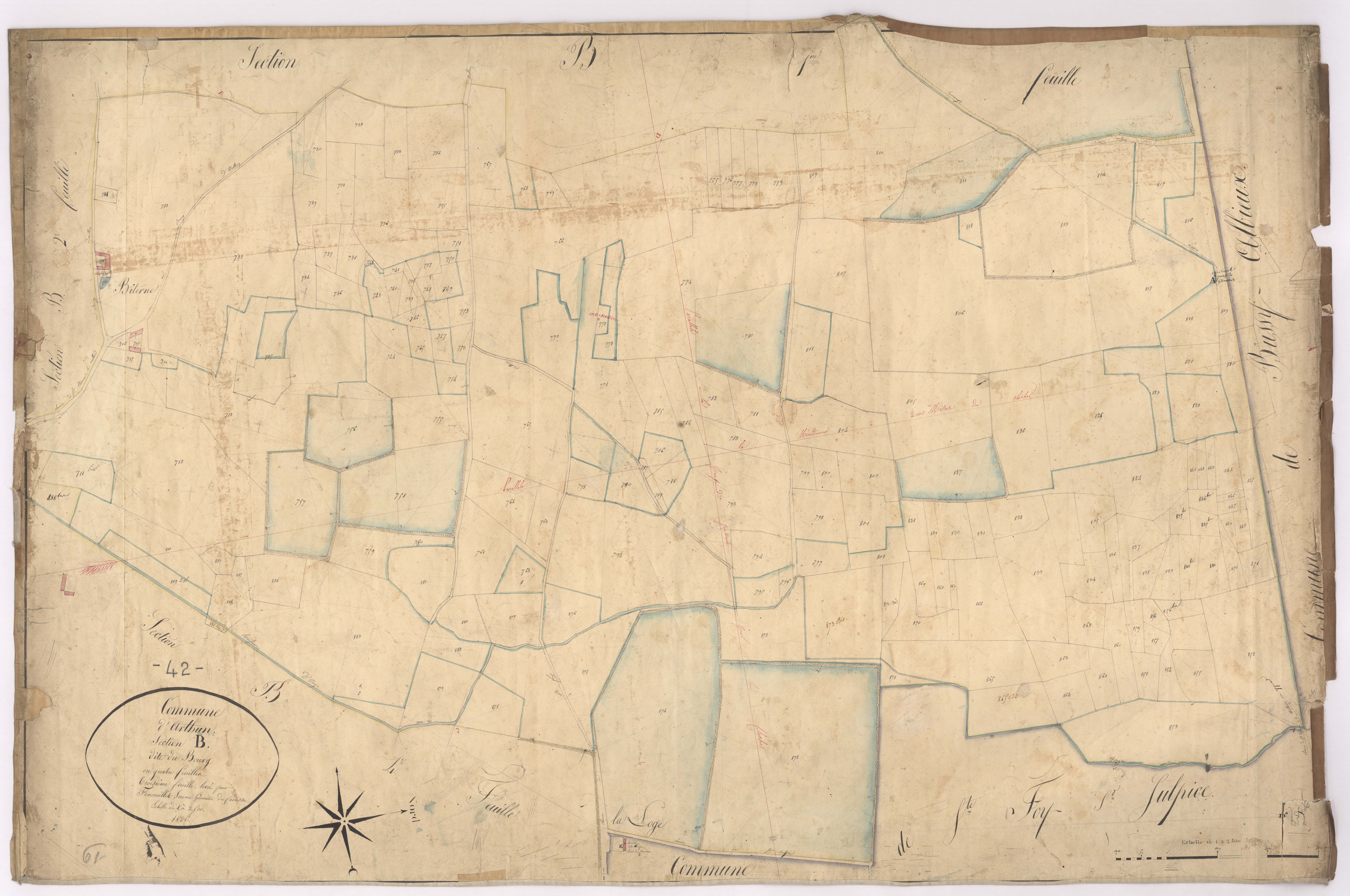 Arthun - 1682VT1_40 - Section B 3 (Le Bourg) : plan levé par Fenouillet jeune à l'échelle 1:2500. 1826