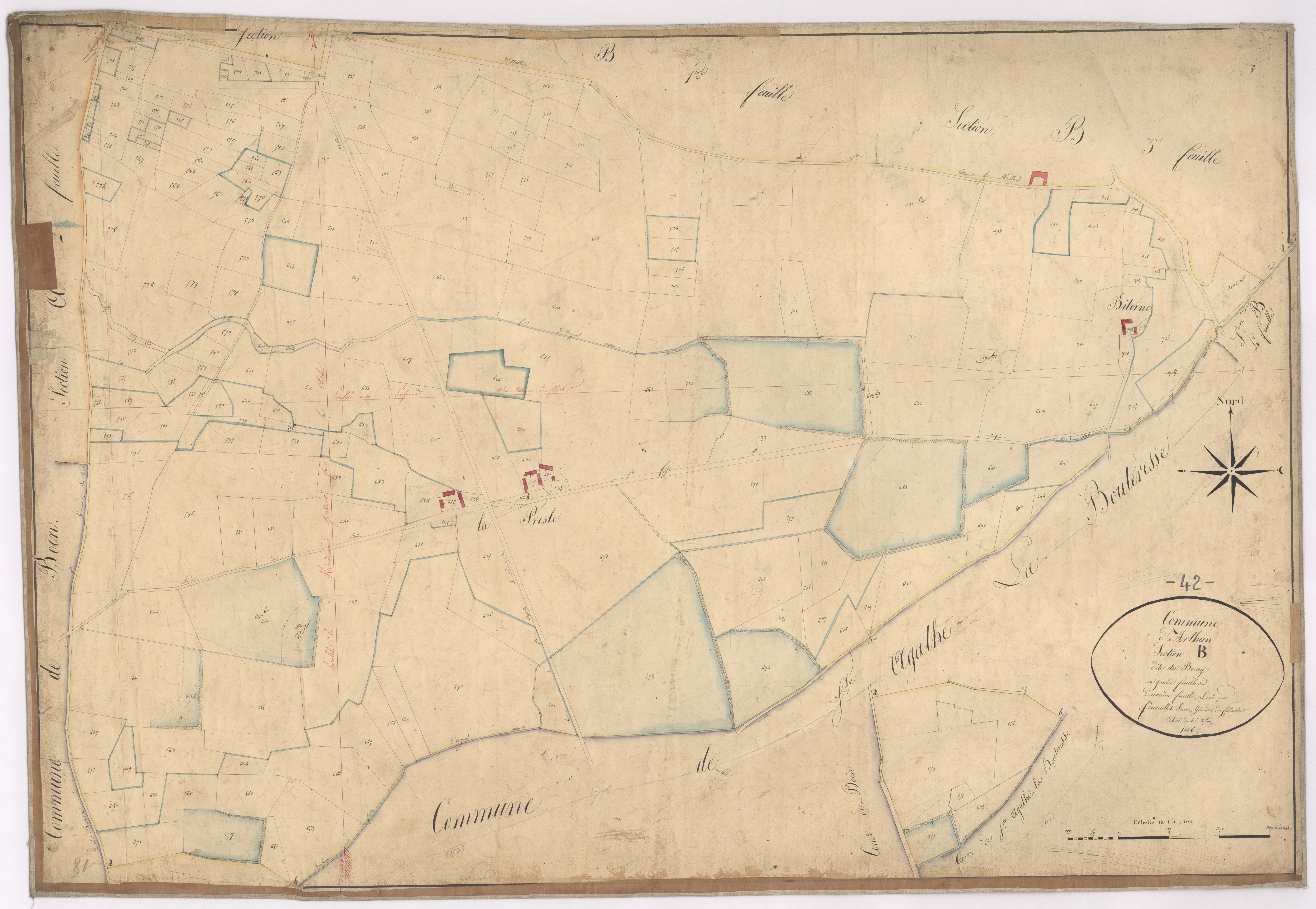 Arthun - 1682VT1_39 - Section B 2 (Le Bourg) : plan levé par Fenouillet jeune à l'échelle 1:2500. 1826
