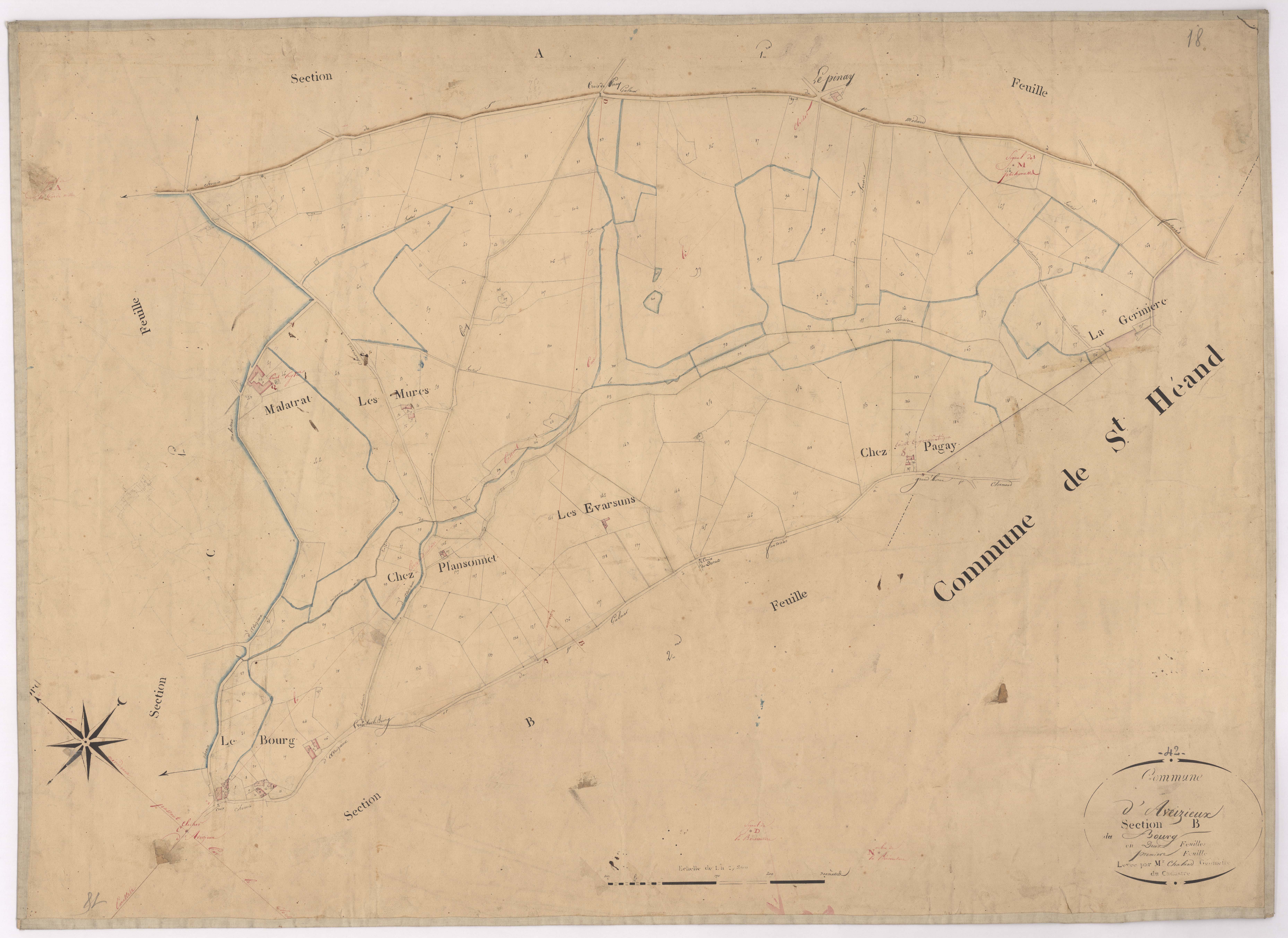 Aveizieux - 1682VT2_4 - Section B 1 (Le Bourg) : plan levé par Chaland à l'échelle 1:2500. [1828]
